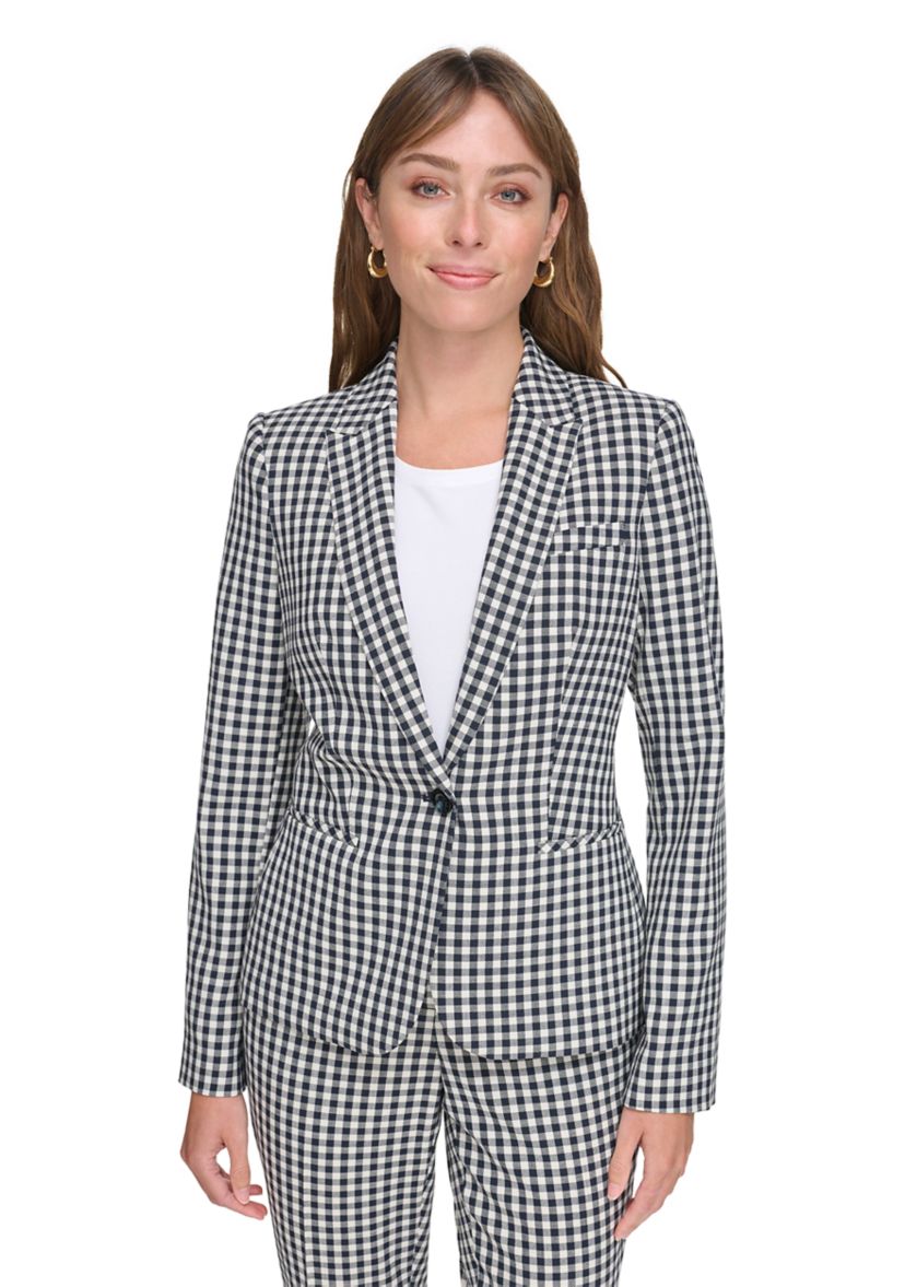 Womens Gingham One Button Blazer