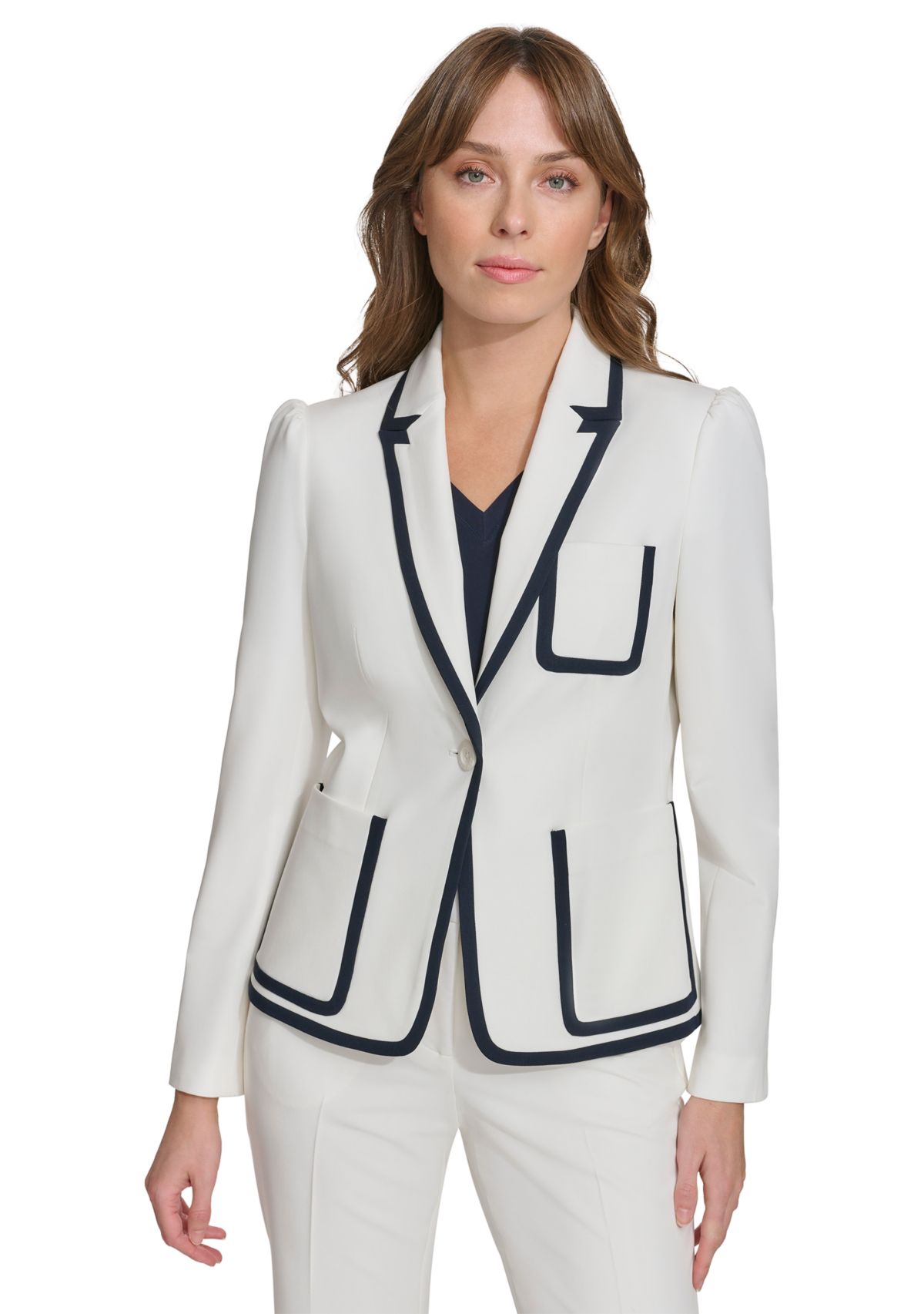 Womens One Button Blazer with Contrast Trim