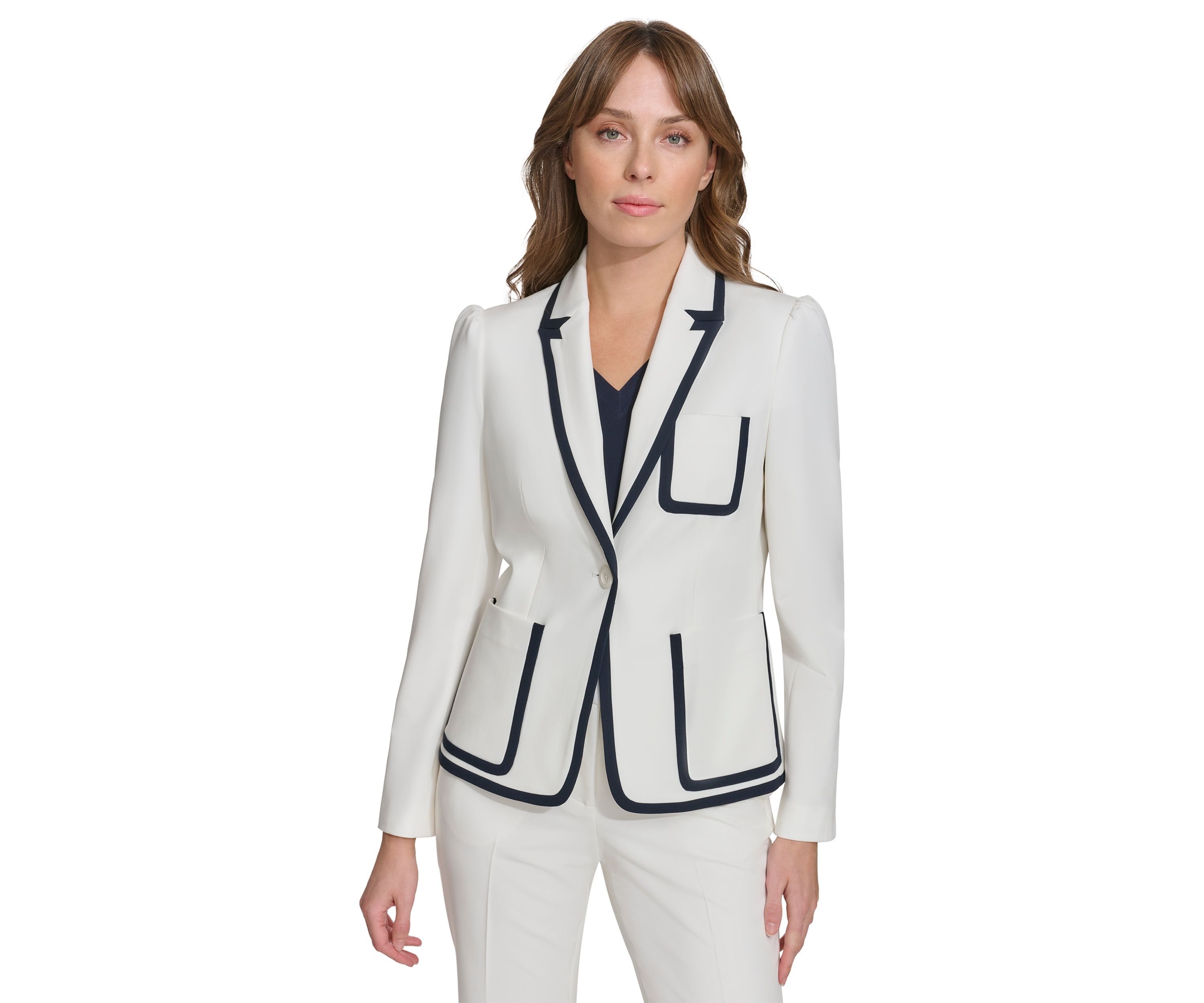 Womens One Button Blazer with Contrast Trim