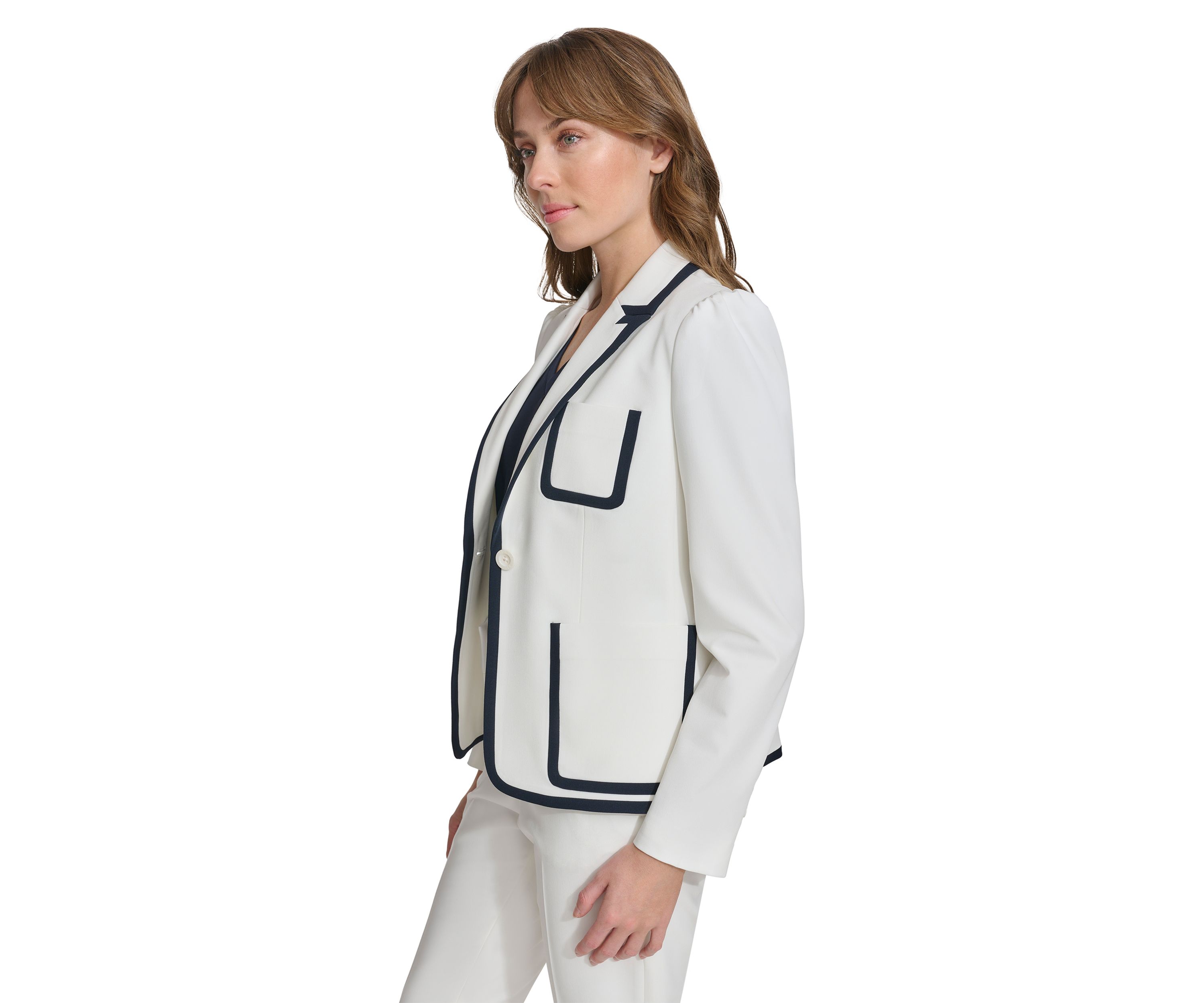 Womens One Button Blazer with Contrast Trim
