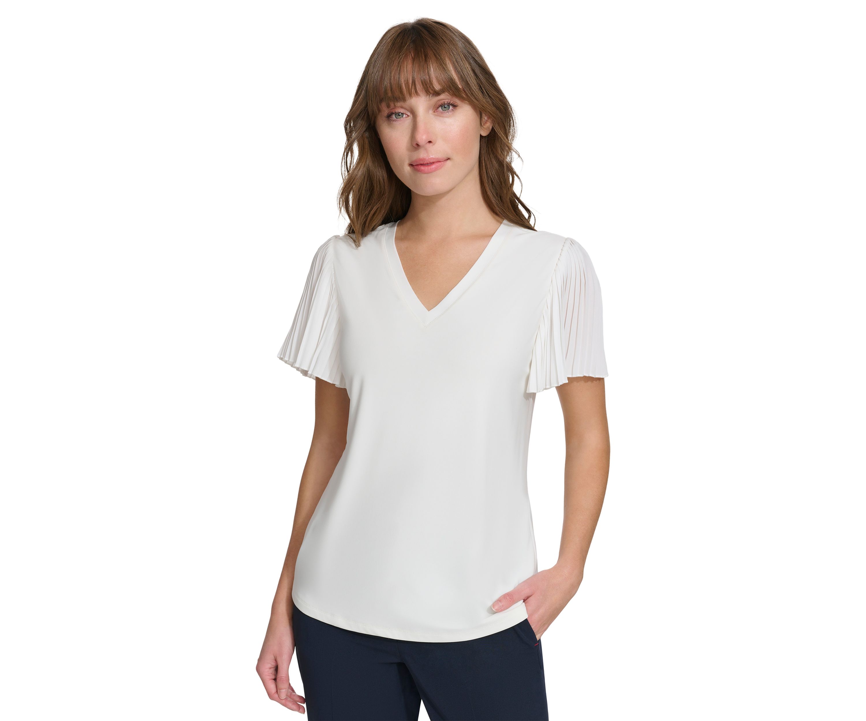 Womens Pleated Sleeve V-Neck Blouse