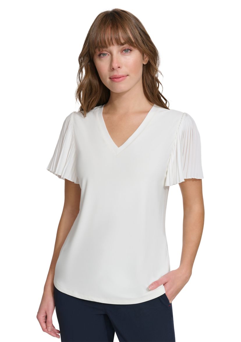 Womens Pleated Sleeve V-Neck Blouse