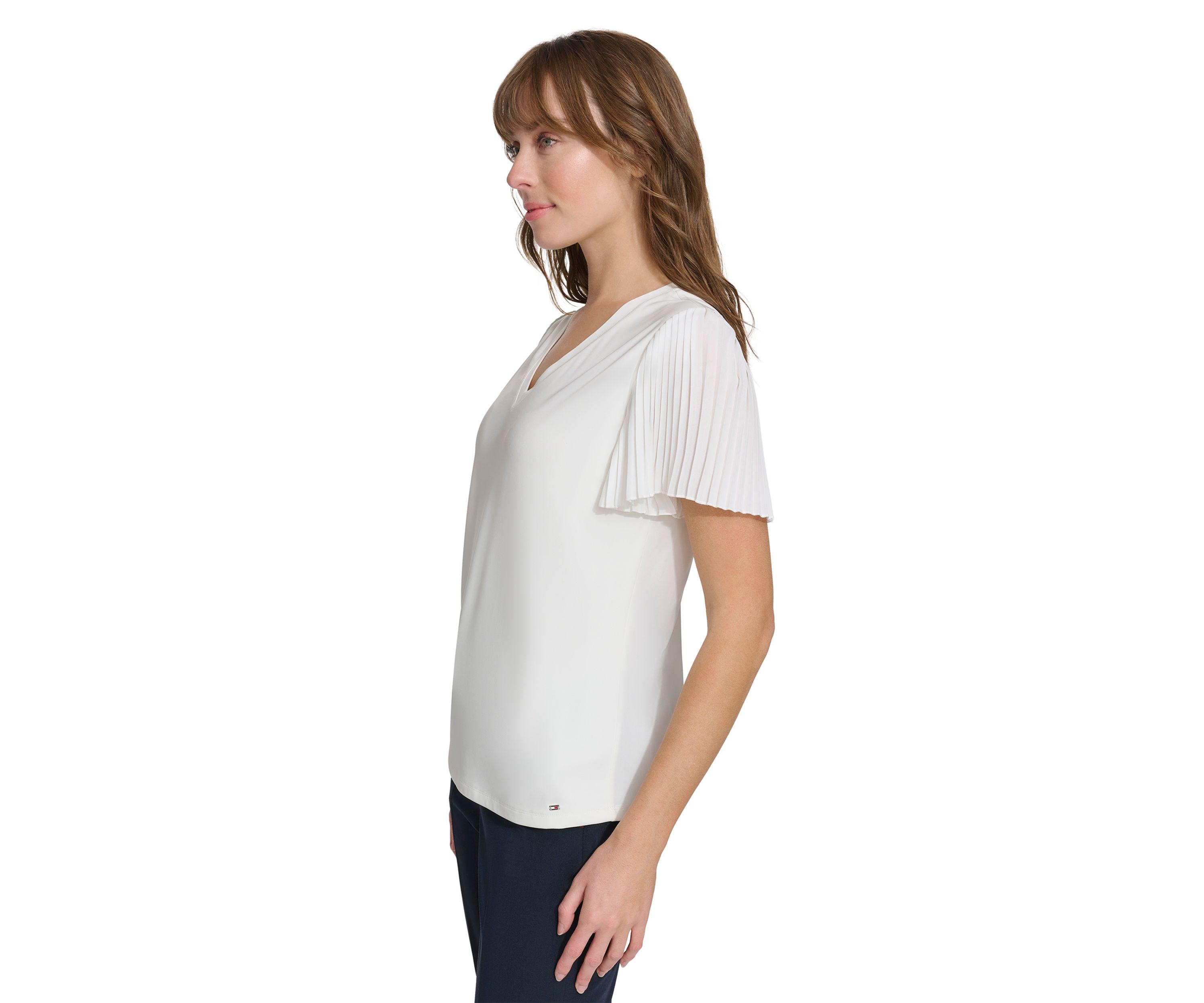 Womens Pleated Sleeve V-Neck Blouse