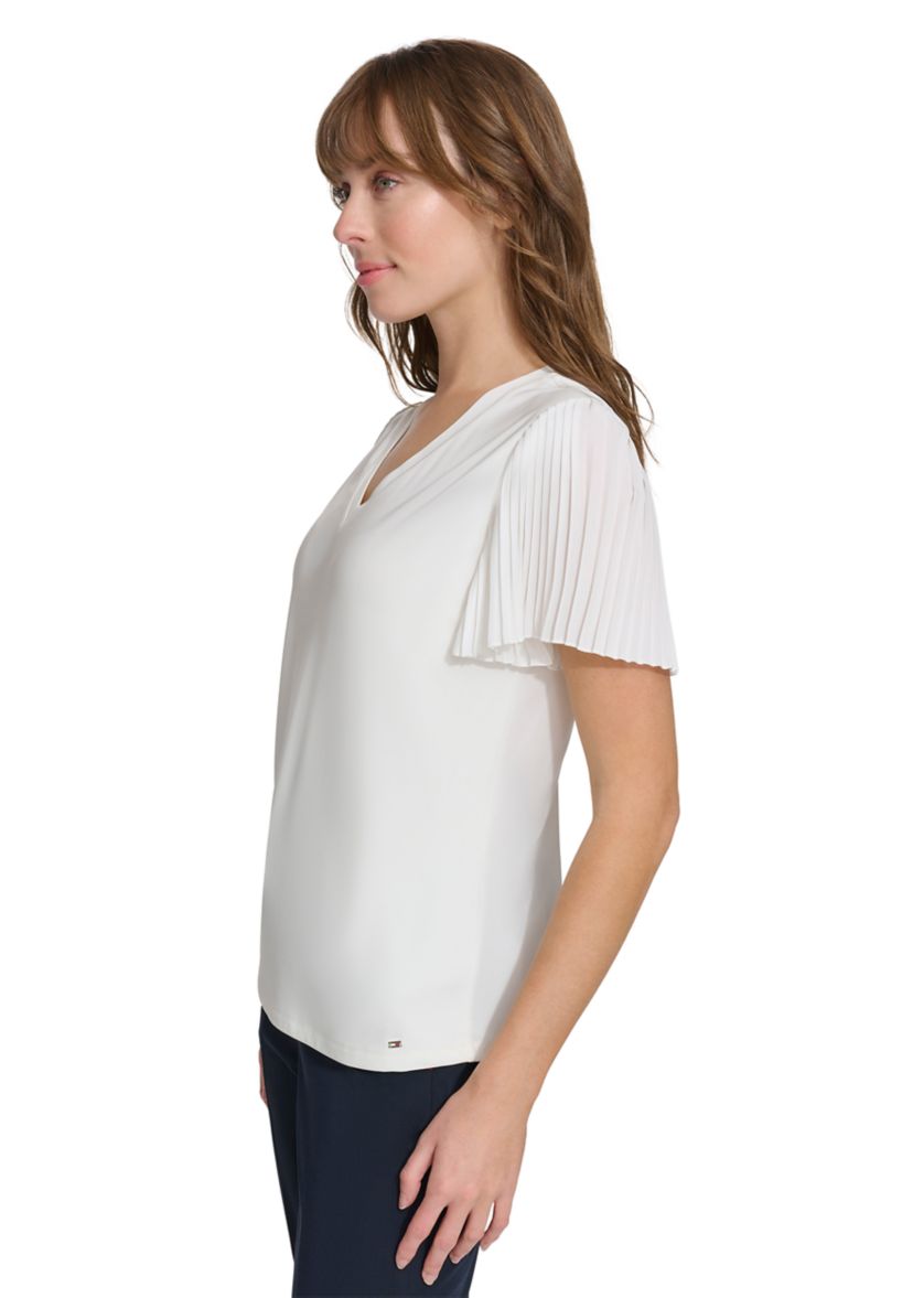 Womens Pleated Sleeve V-Neck Blouse