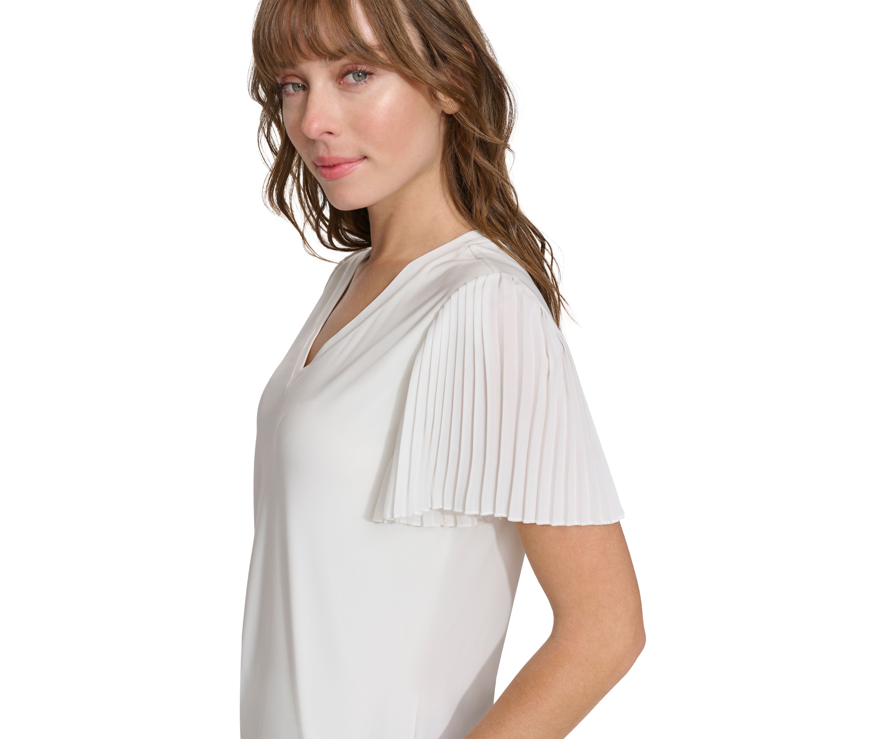 Womens Pleated Sleeve V-Neck Blouse