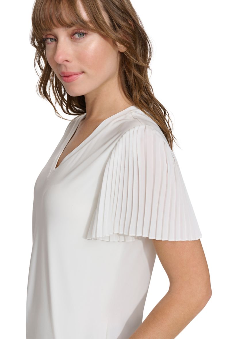 Womens Pleated Sleeve V-Neck Blouse