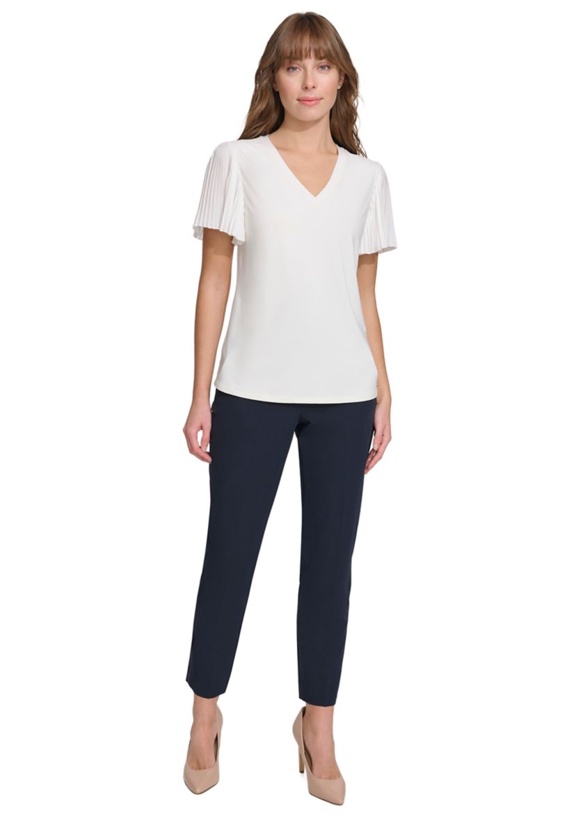 Womens Pleated Sleeve V-Neck Blouse