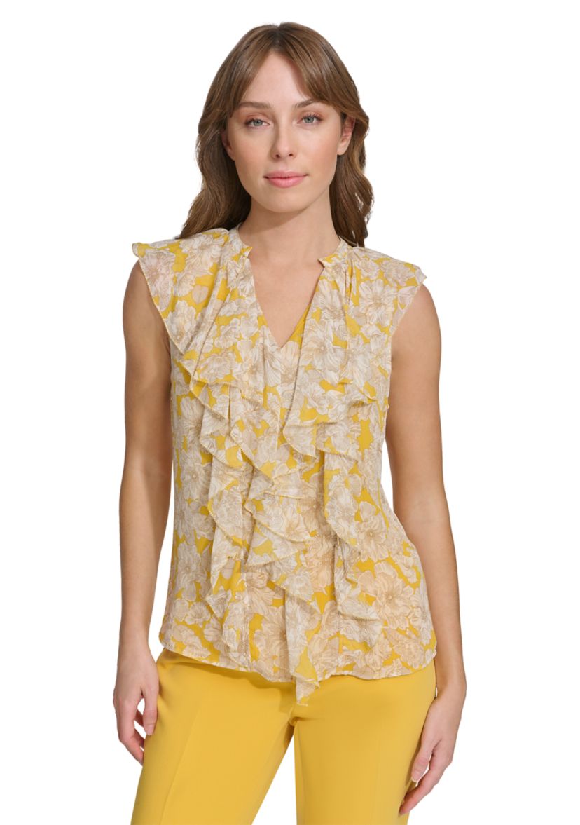 Womens Flutter Sleeve Floral Printed Ruffle Front Blouse