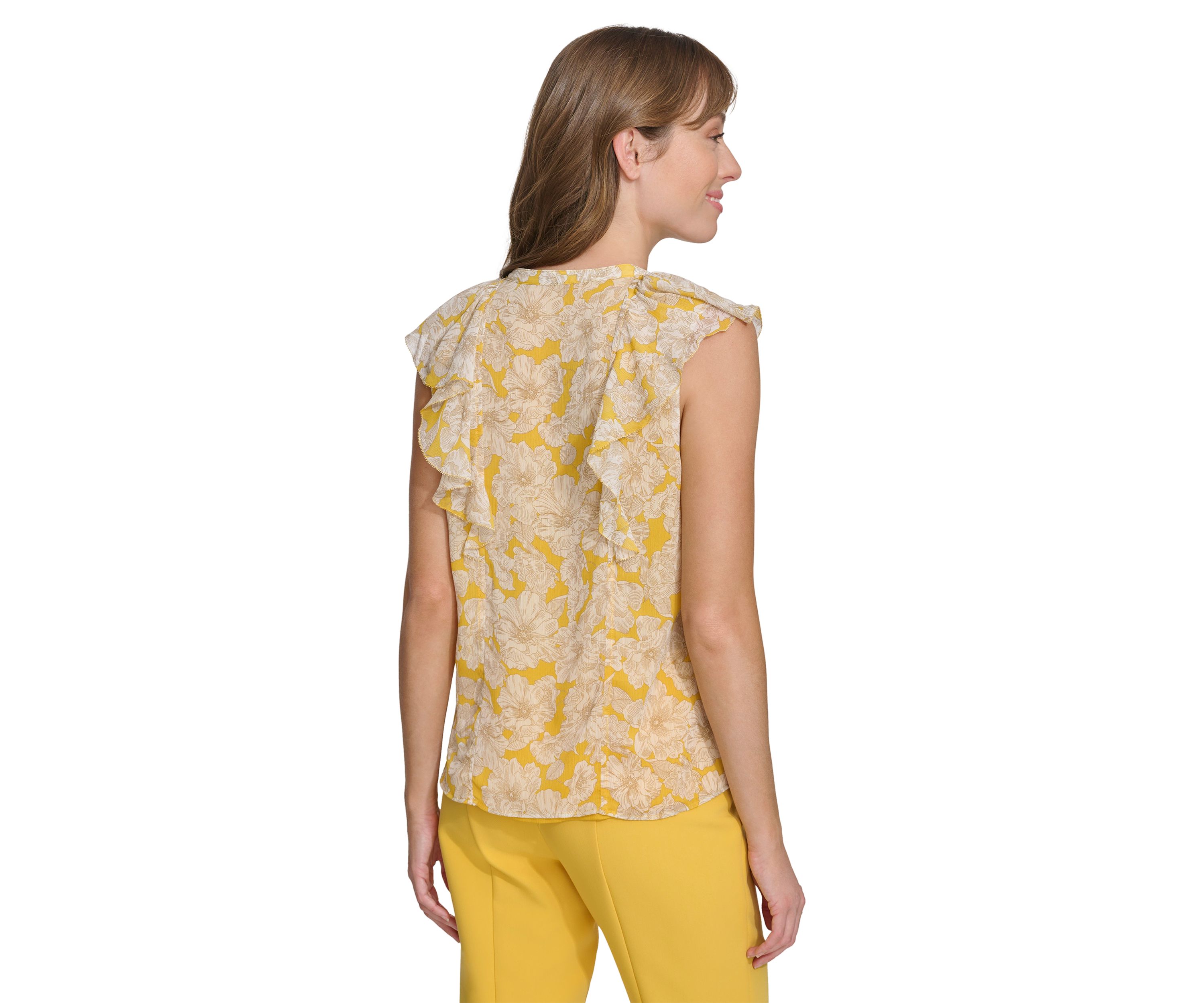 Womens Flutter Sleeve Floral Printed Ruffle Front Blouse
