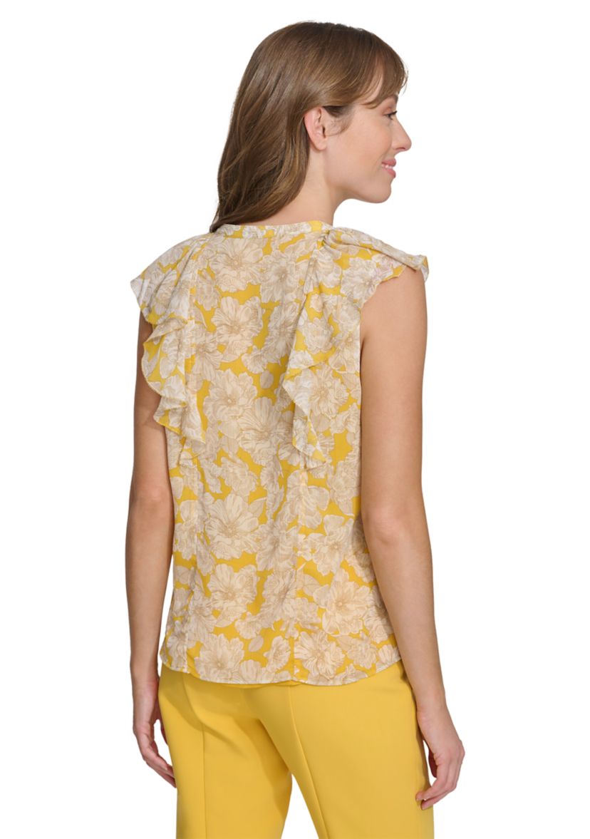 Womens Flutter Sleeve Floral Printed Ruffle Front Blouse