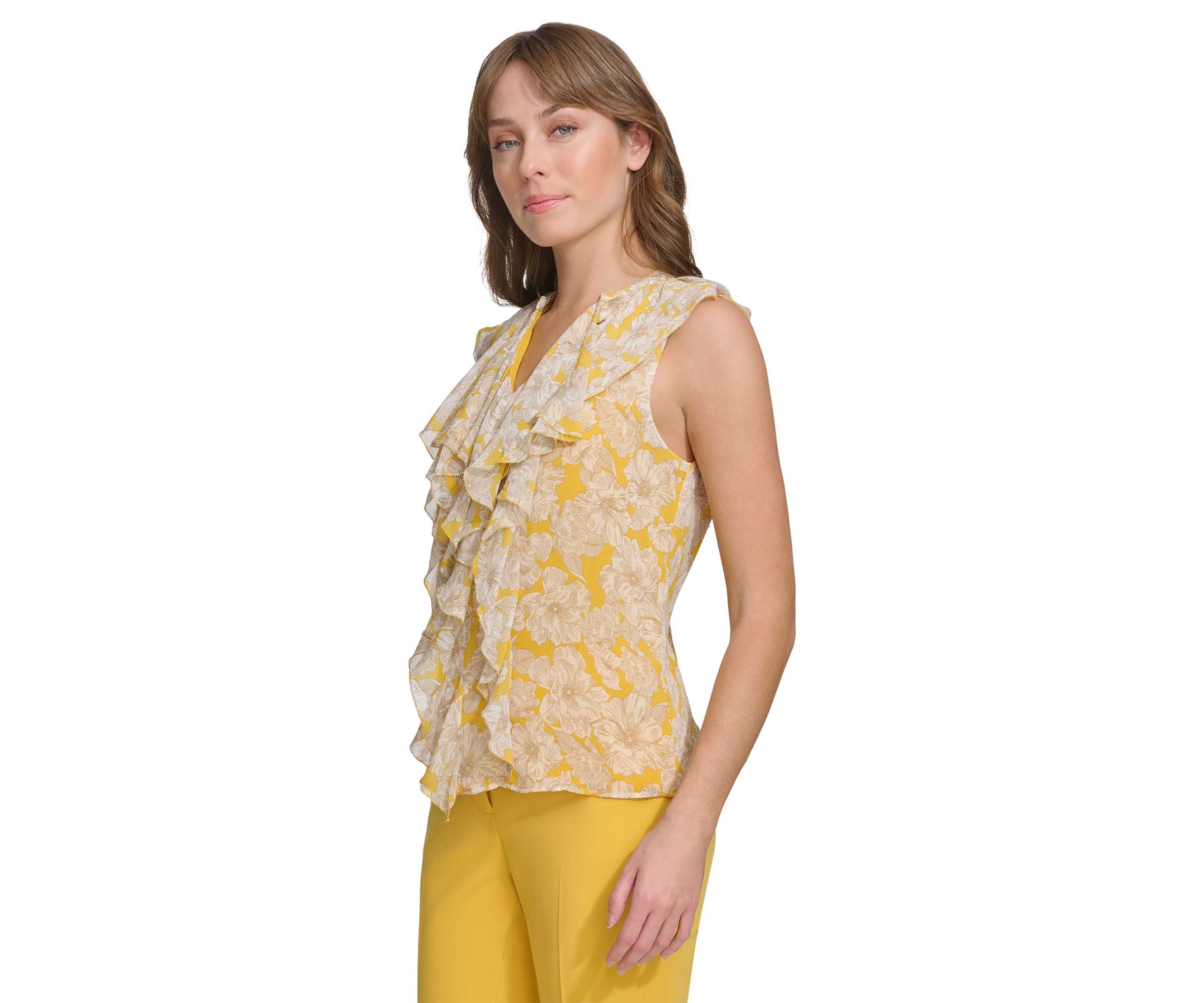 Womens Flutter Sleeve Floral Printed Ruffle Front Blouse