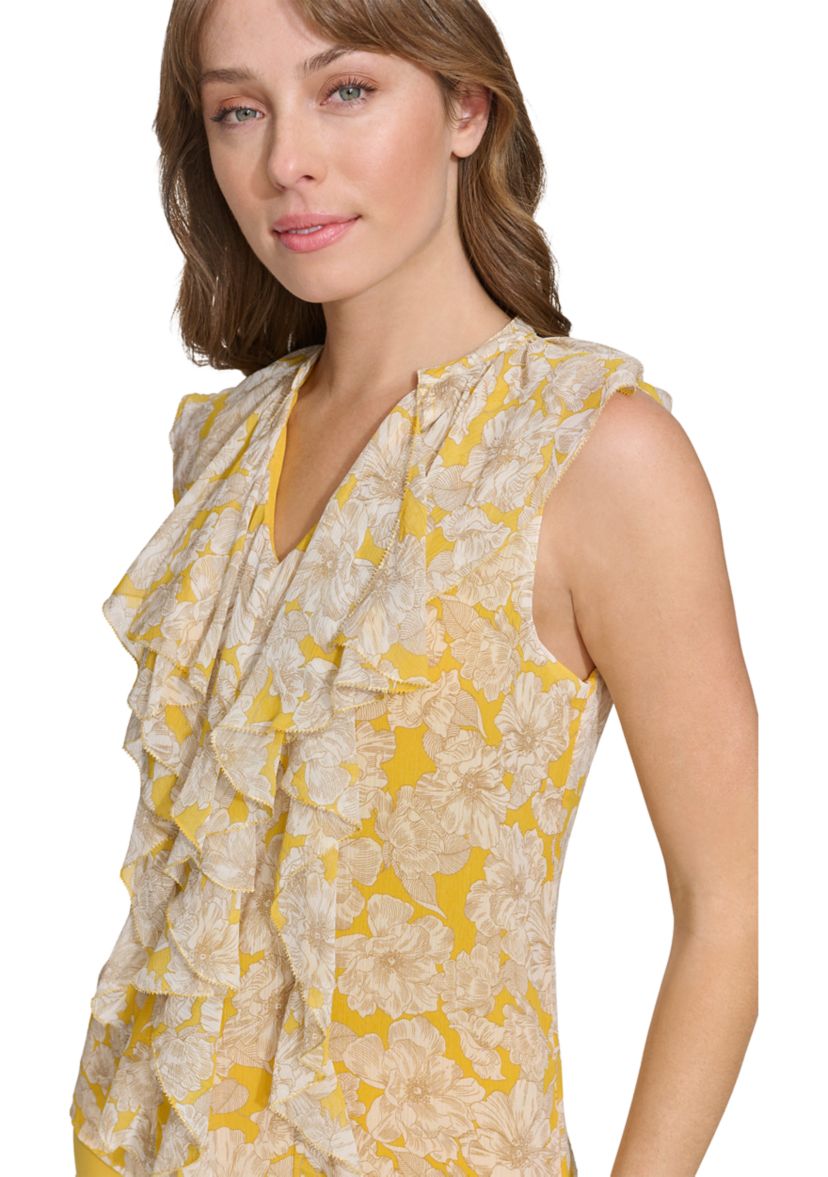 Womens Flutter Sleeve Floral Printed Ruffle Front Blouse