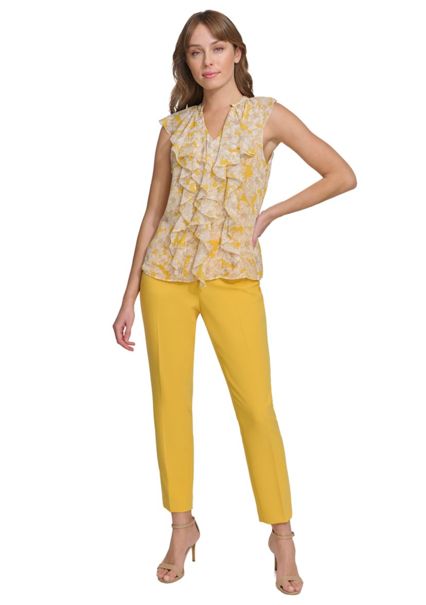 Womens Flutter Sleeve Floral Printed Ruffle Front Blouse