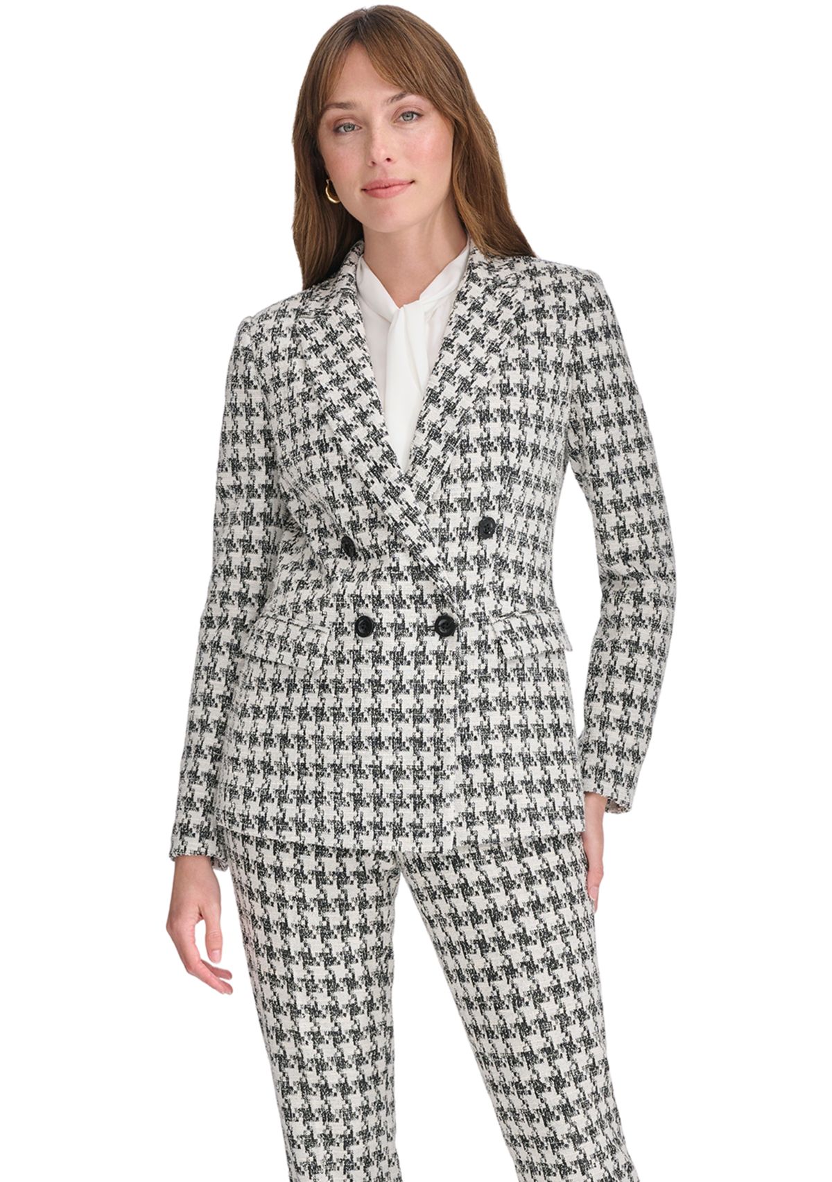 Womens Houndstooth Knit Double Breasted Blazer