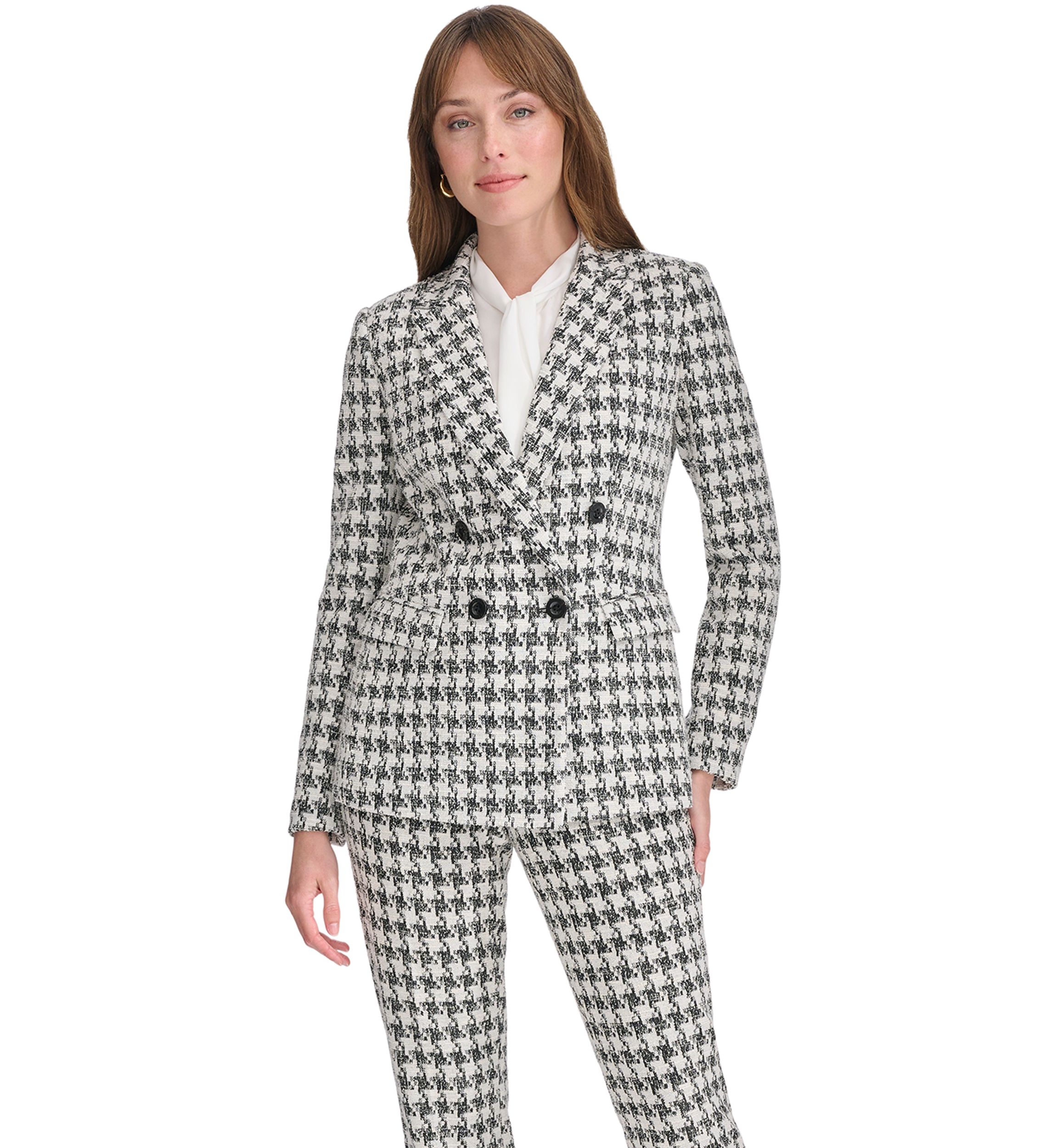 Womens Houndstooth Knit Double Breasted Blazer