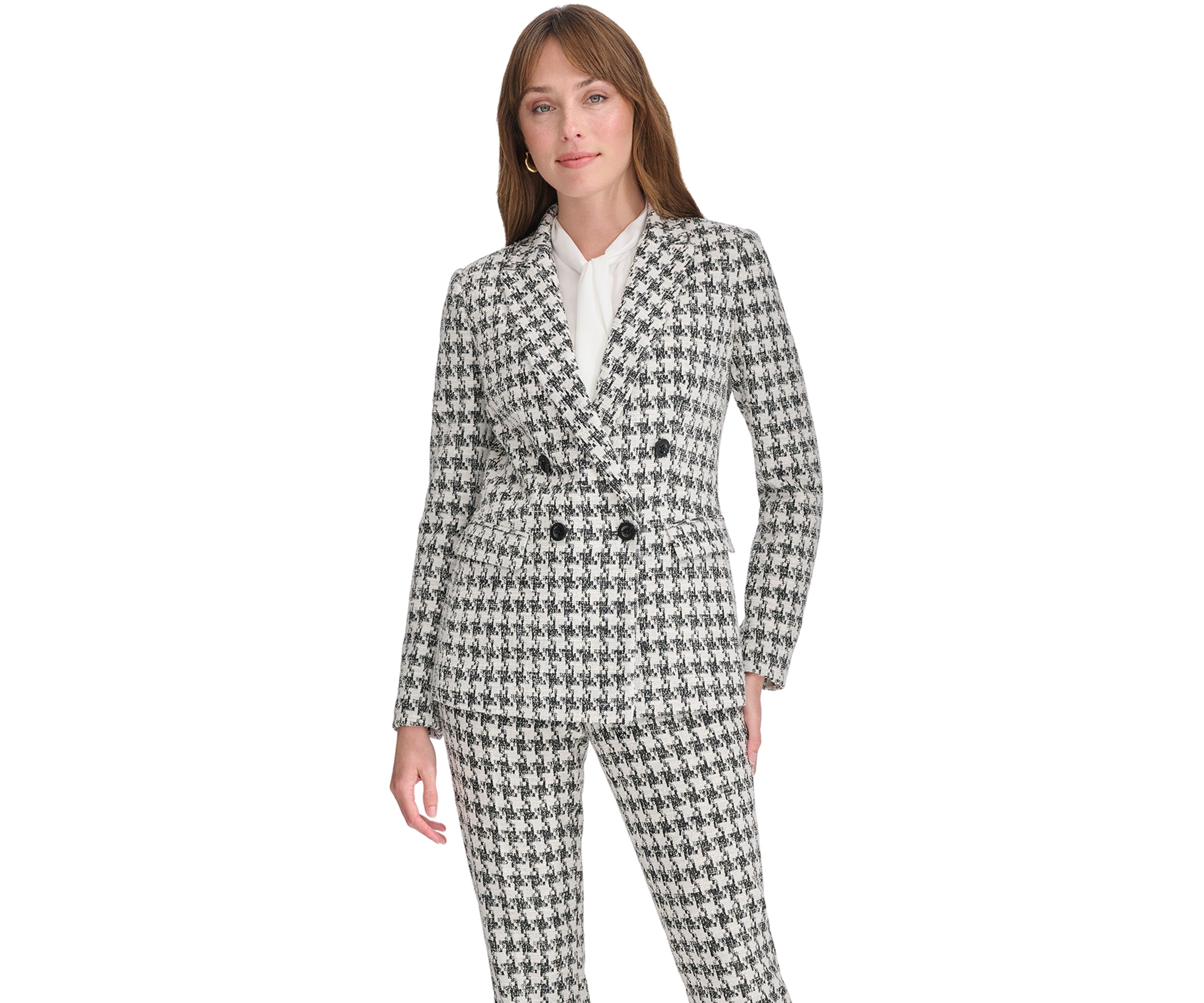 Womens Houndstooth Knit Double Breasted Blazer