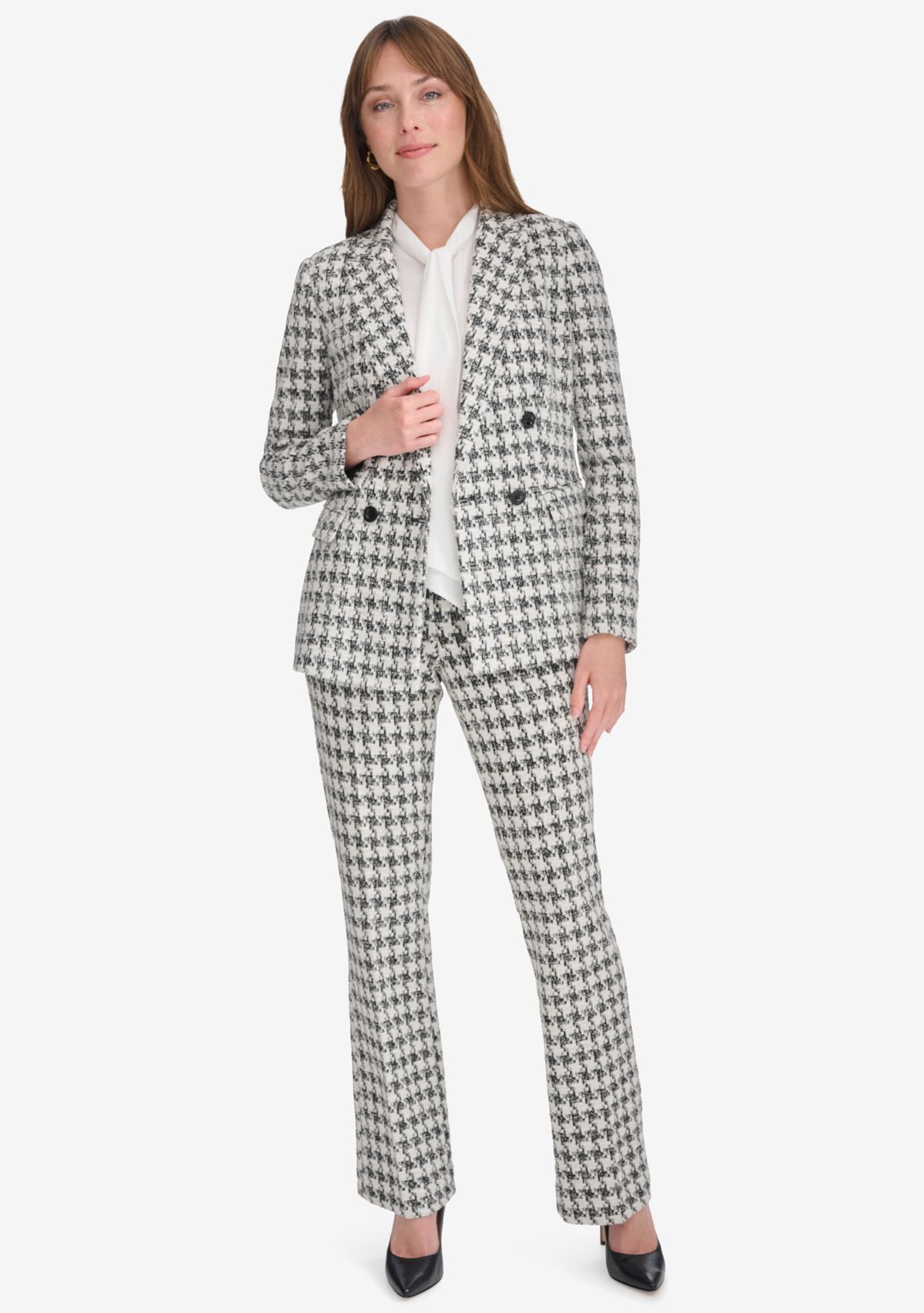 Womens Houndstooth Knit Double Breasted Blazer