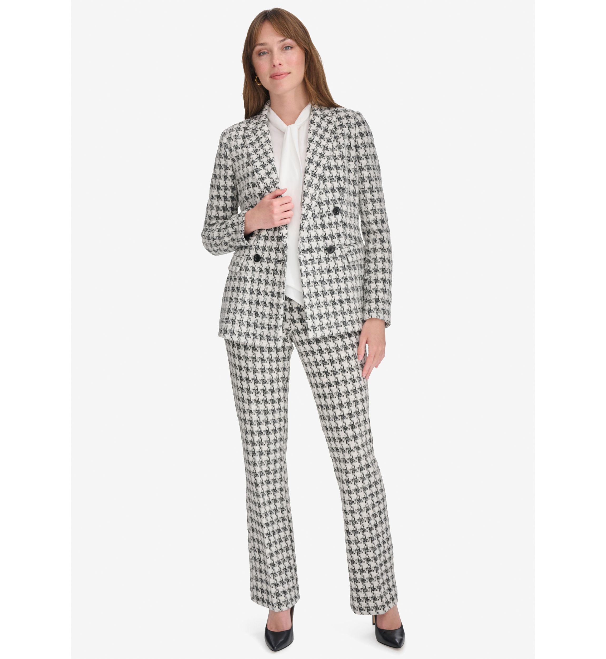Womens Houndstooth Knit Double Breasted Blazer