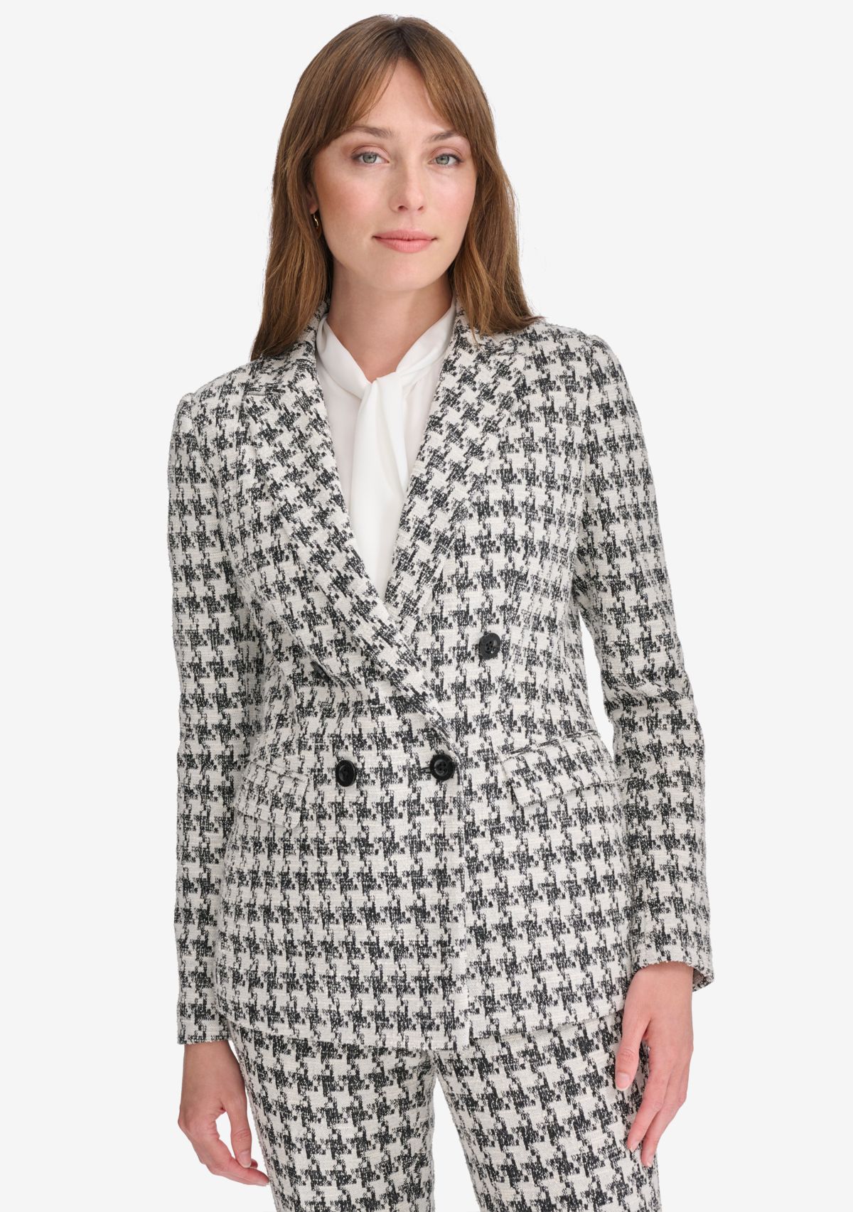 Womens Houndstooth Knit Double Breasted Blazer