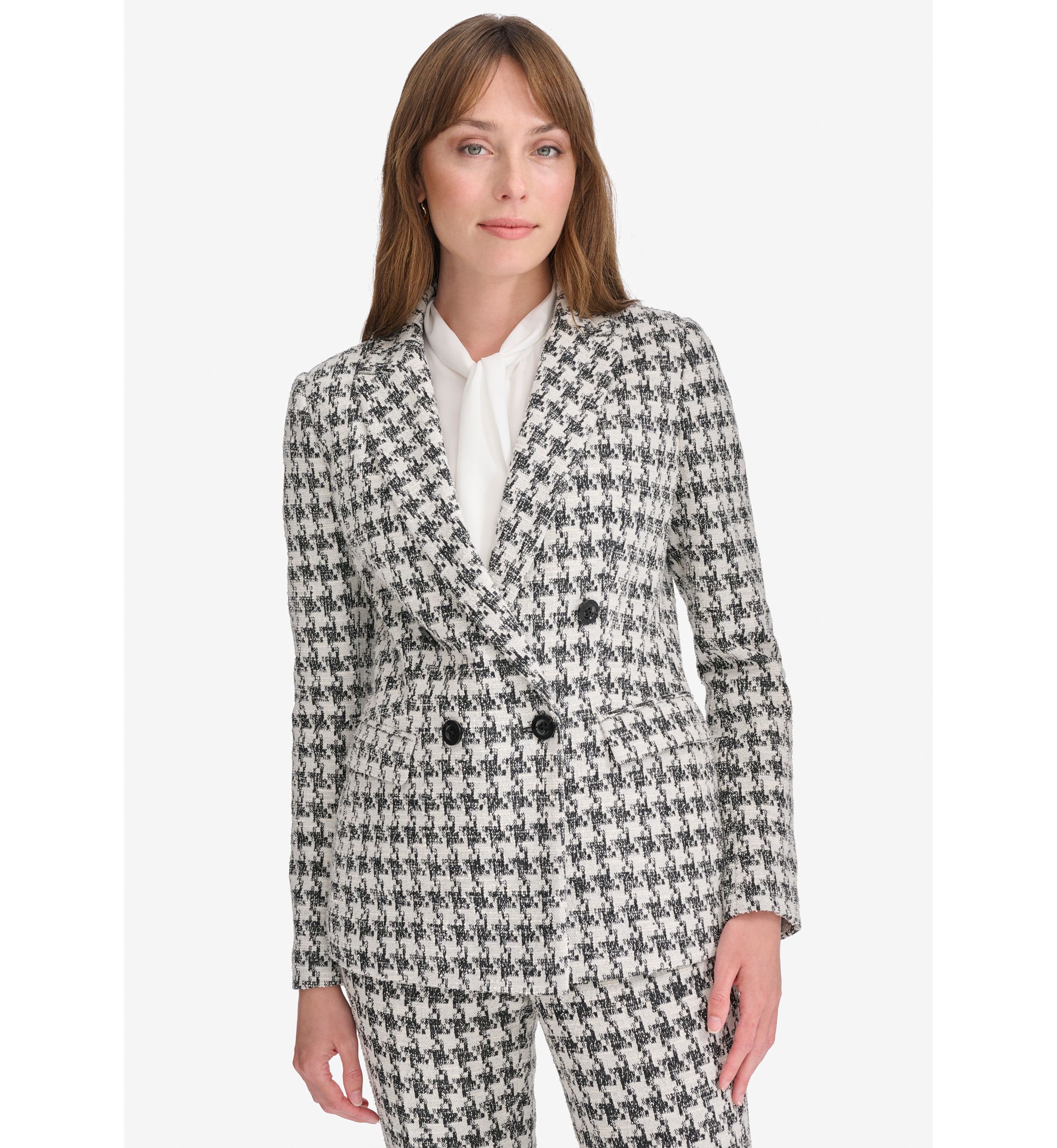 Womens Houndstooth Knit Double Breasted Blazer