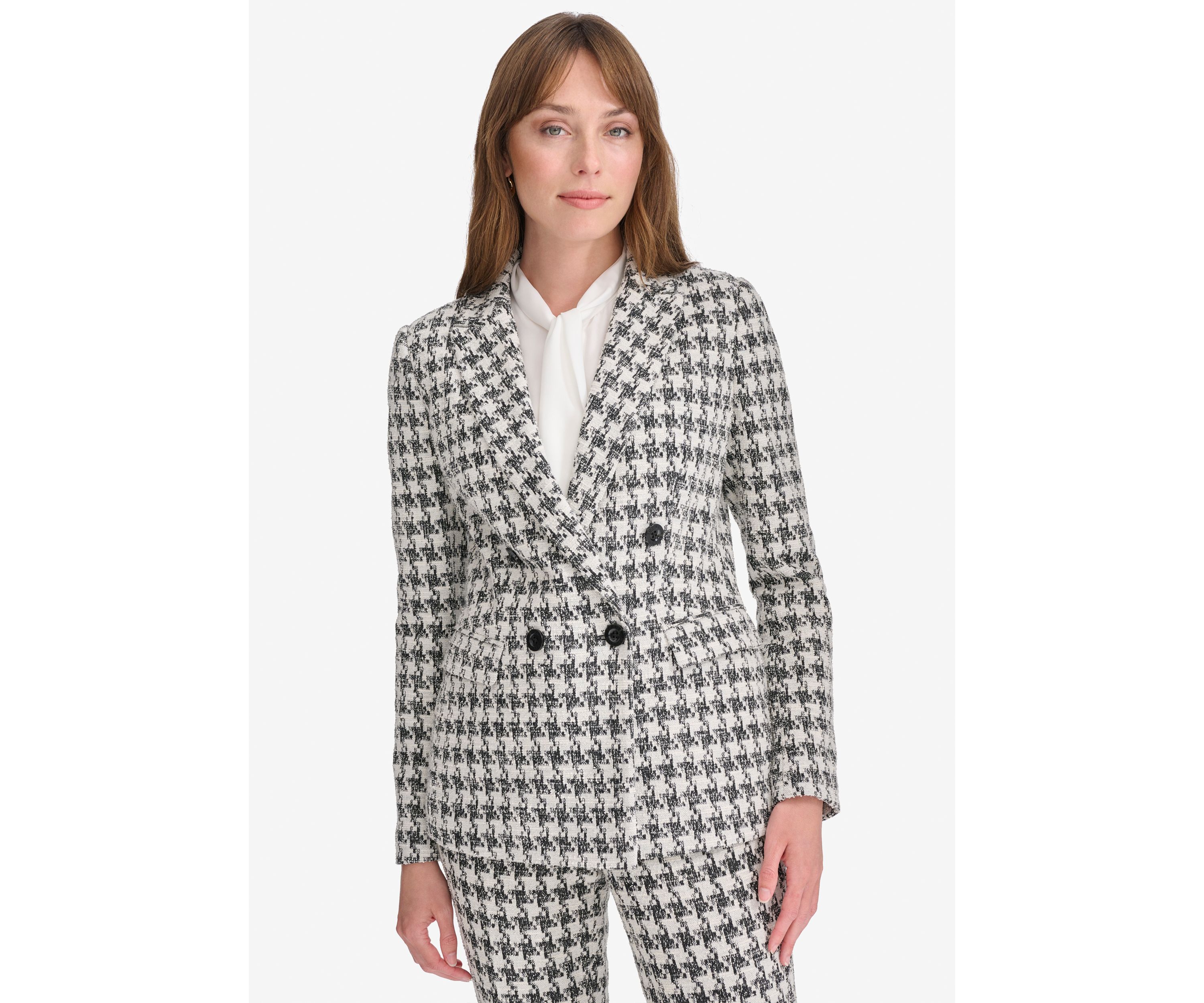 Womens Houndstooth Knit Double Breasted Blazer