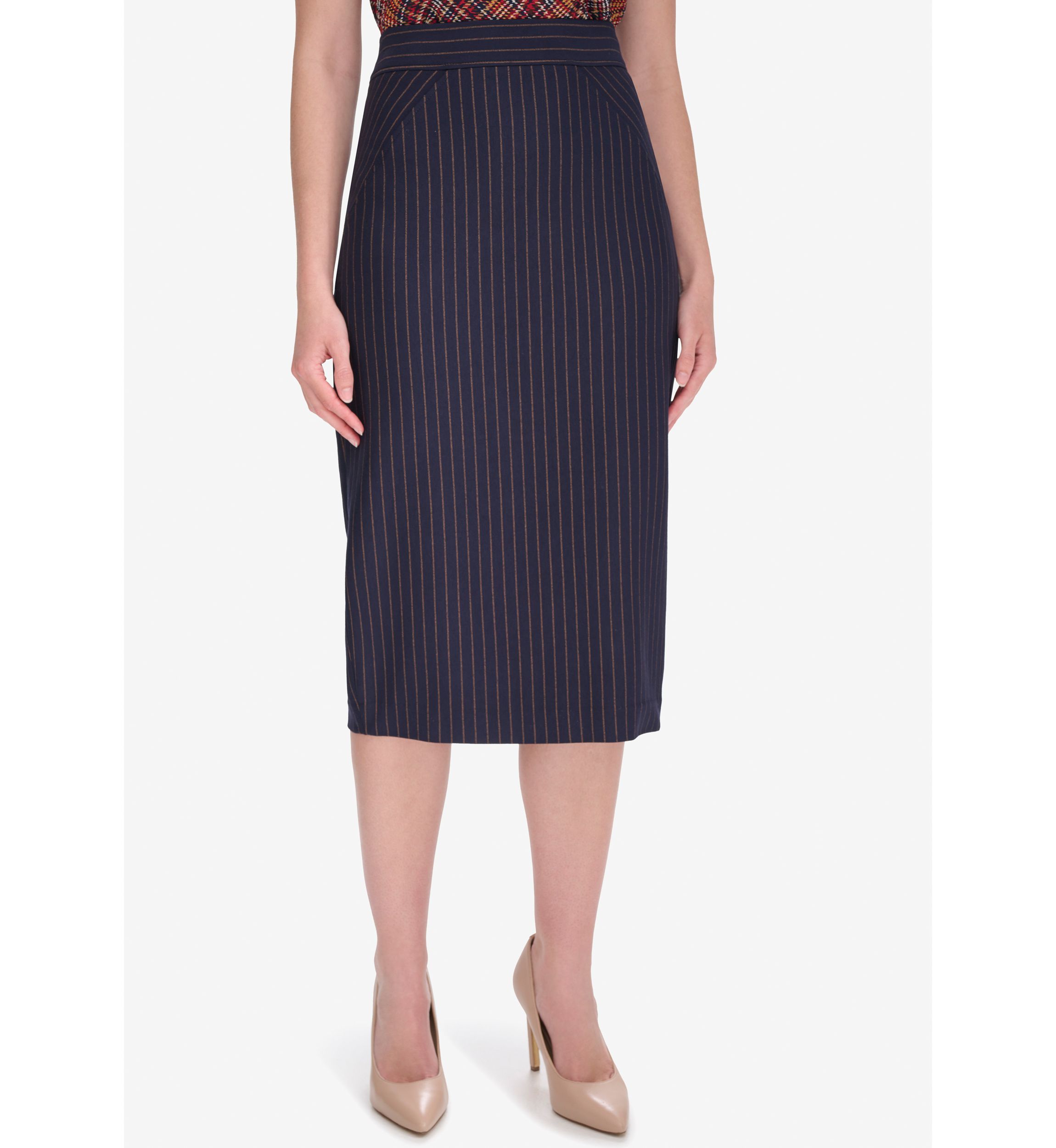 Womens Pinstripe Midi Ponte Skirt