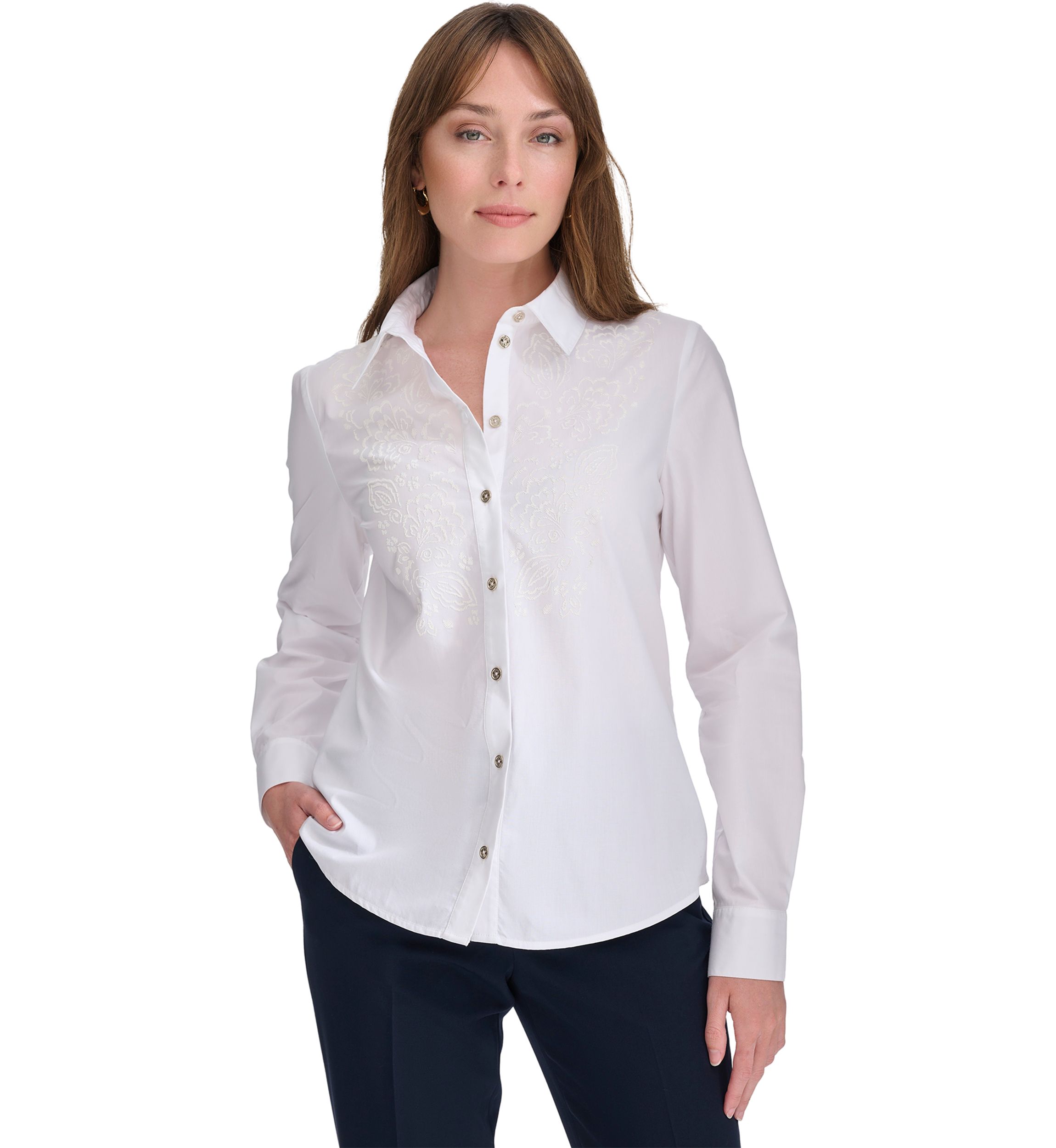 Womens Long Sleeve Puff Print Button Front Blouse