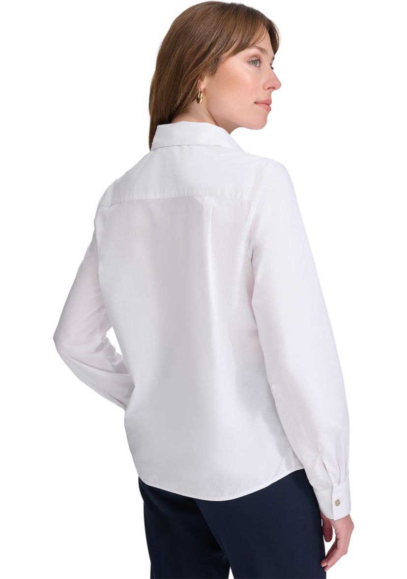 Womens Long Sleeve Puff Print Button Front Blouse