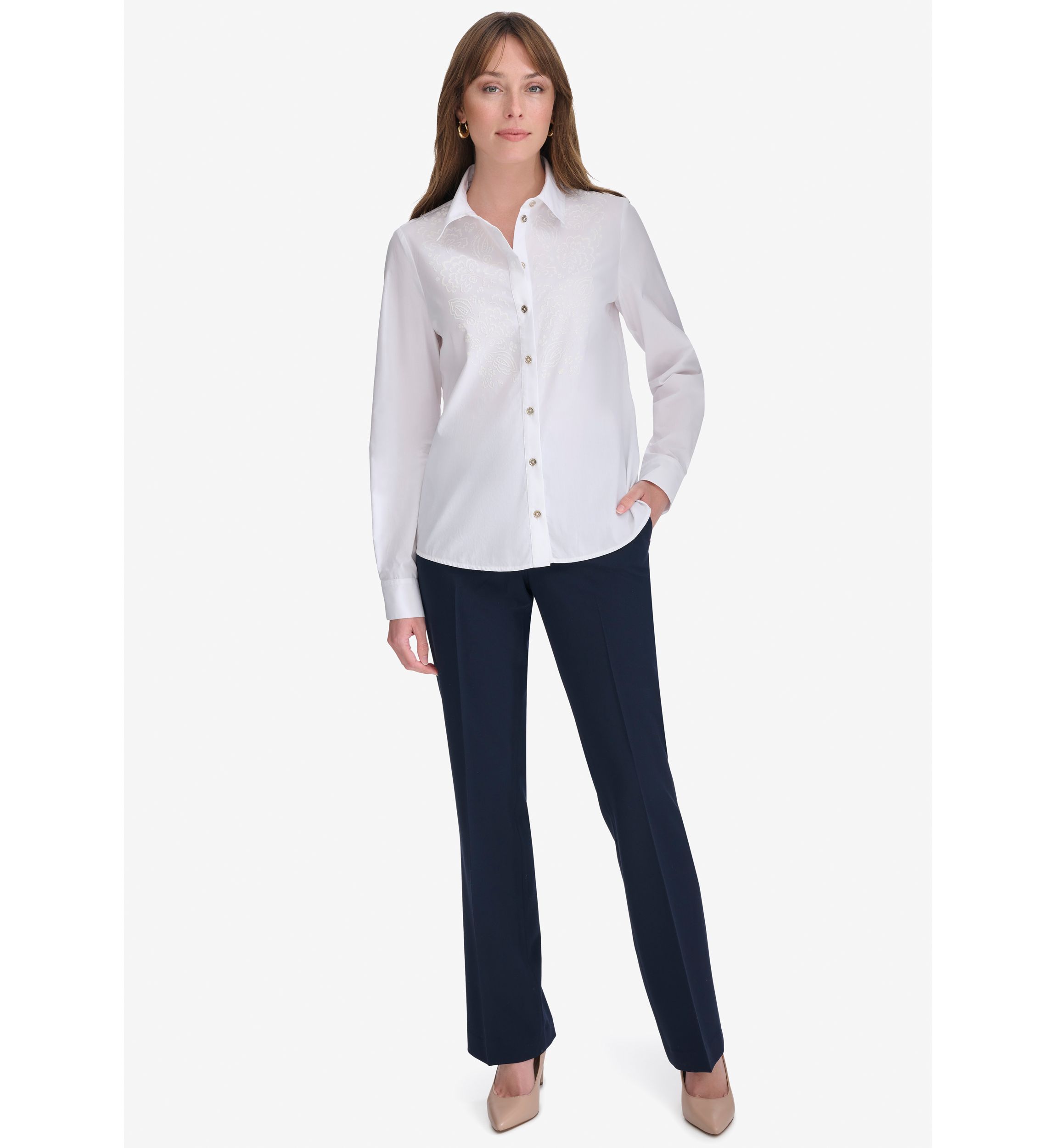 Womens Long Sleeve Puff Print Button Front Blouse