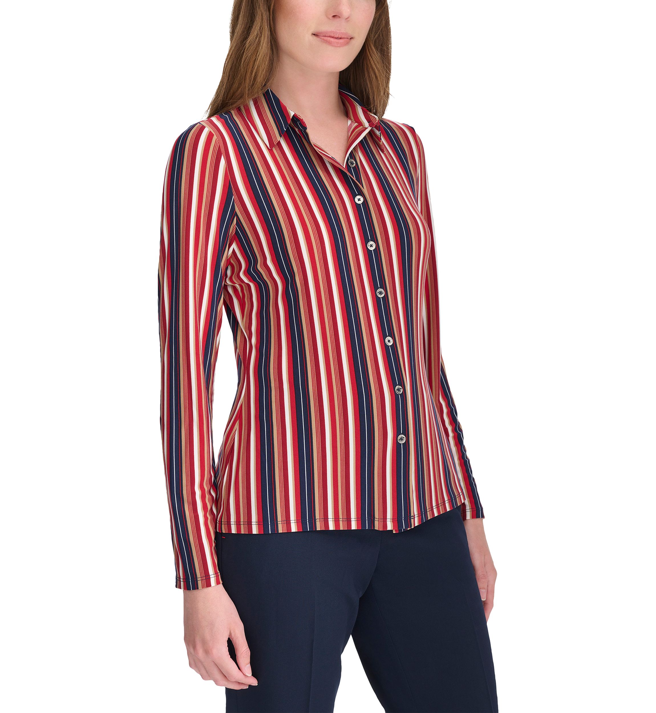 Womens Long Sleeve Multi Stripe Knit Button Up Shirt