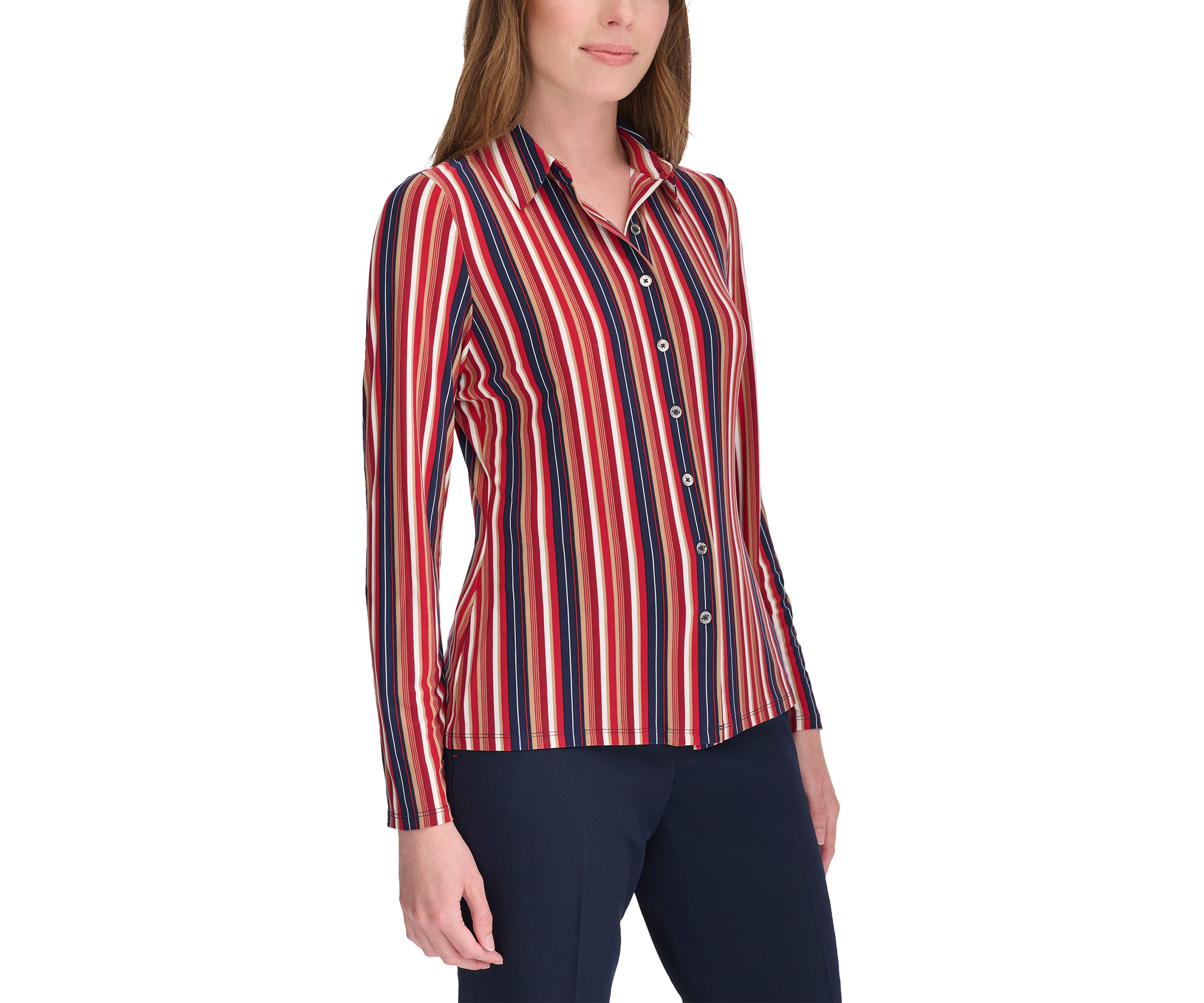 Womens Long Sleeve Multi Stripe Knit Button Up Shirt