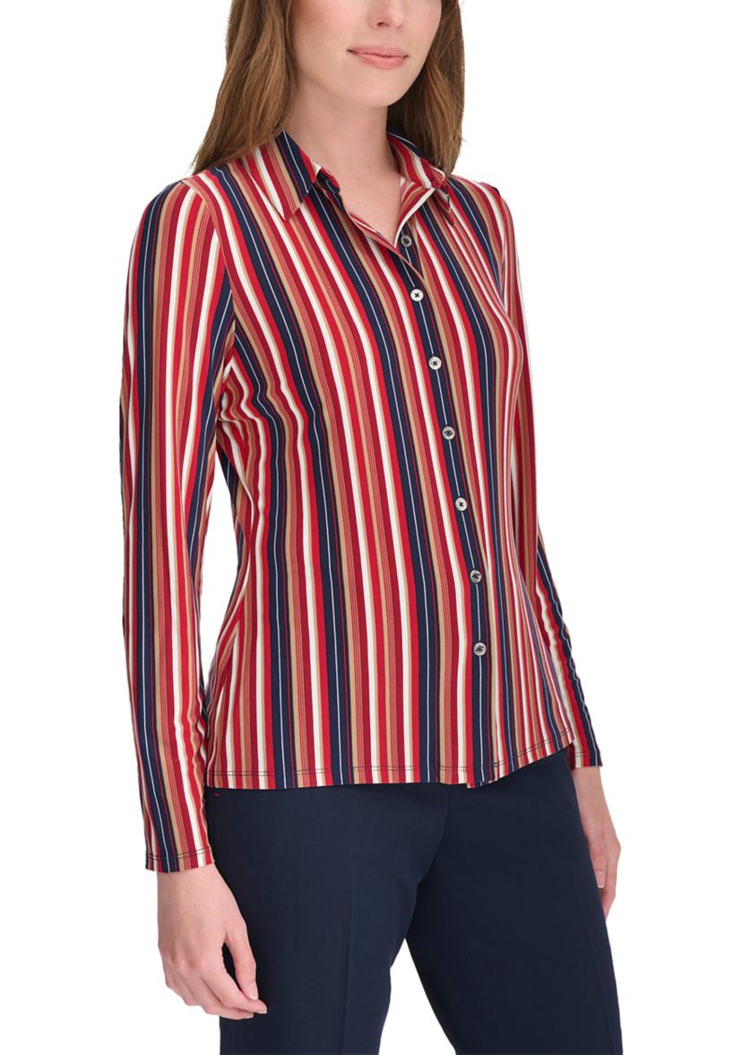 Womens Long Sleeve Multi Stripe Knit Button Up Shirt
