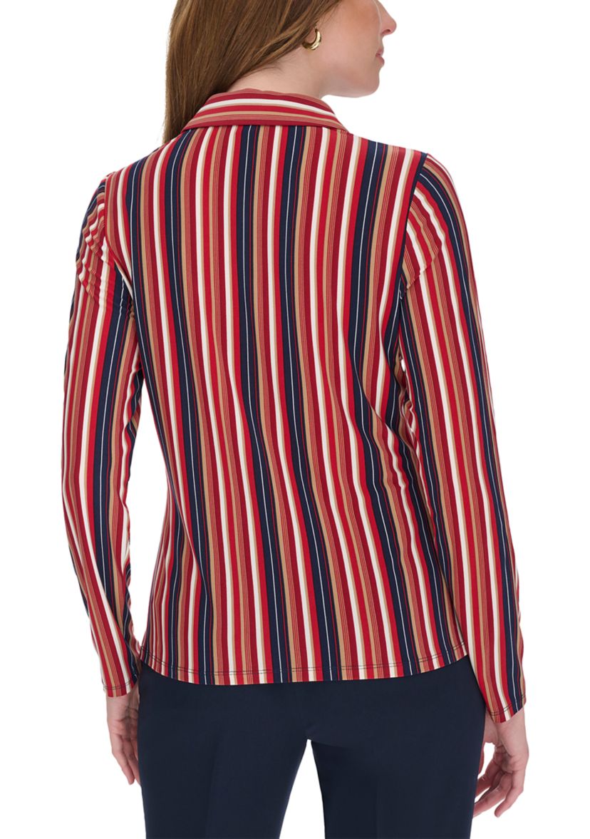 Womens Long Sleeve Multi Stripe Knit Button Up Shirt