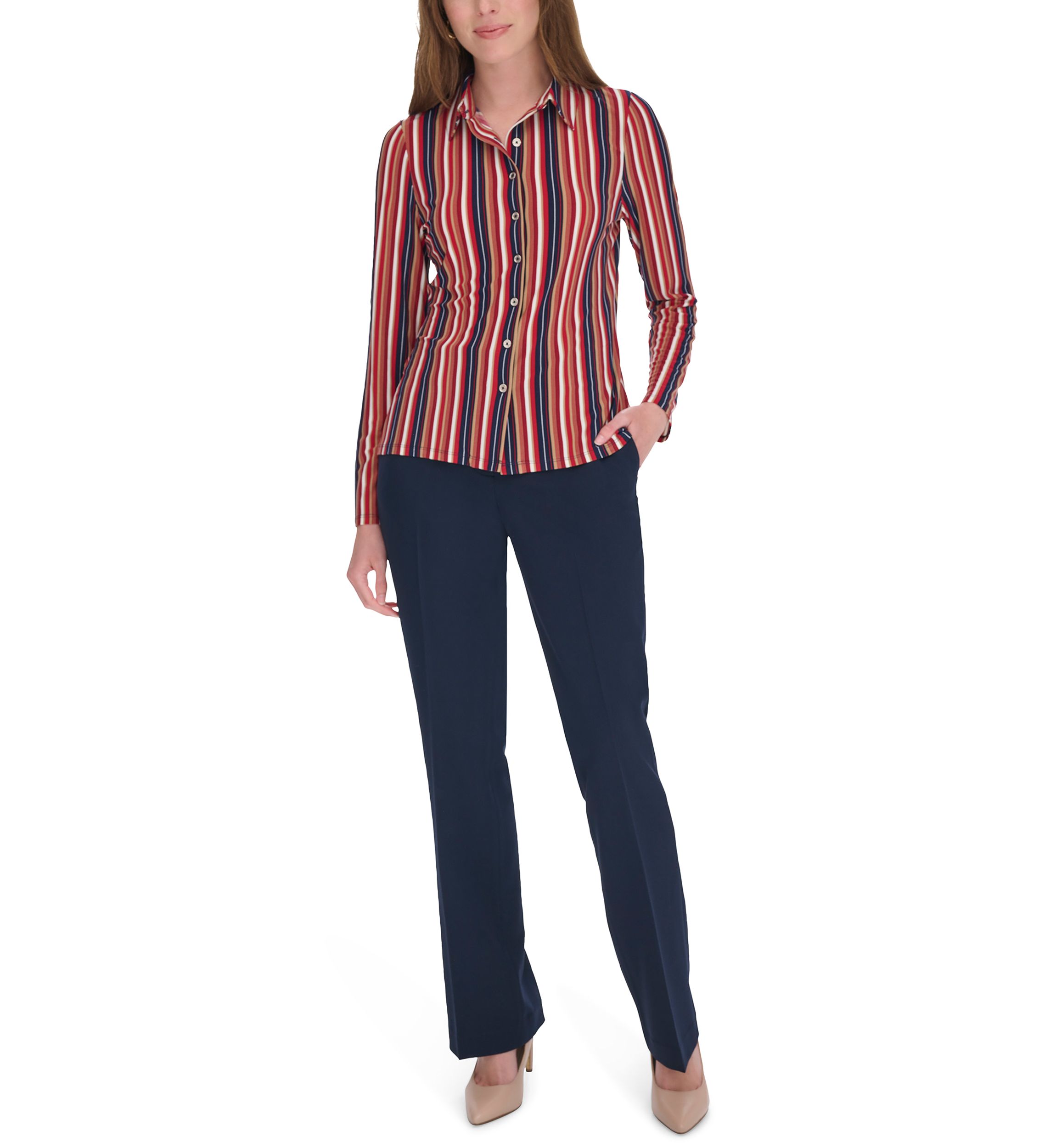 Womens Long Sleeve Multi Stripe Knit Button Up Shirt
