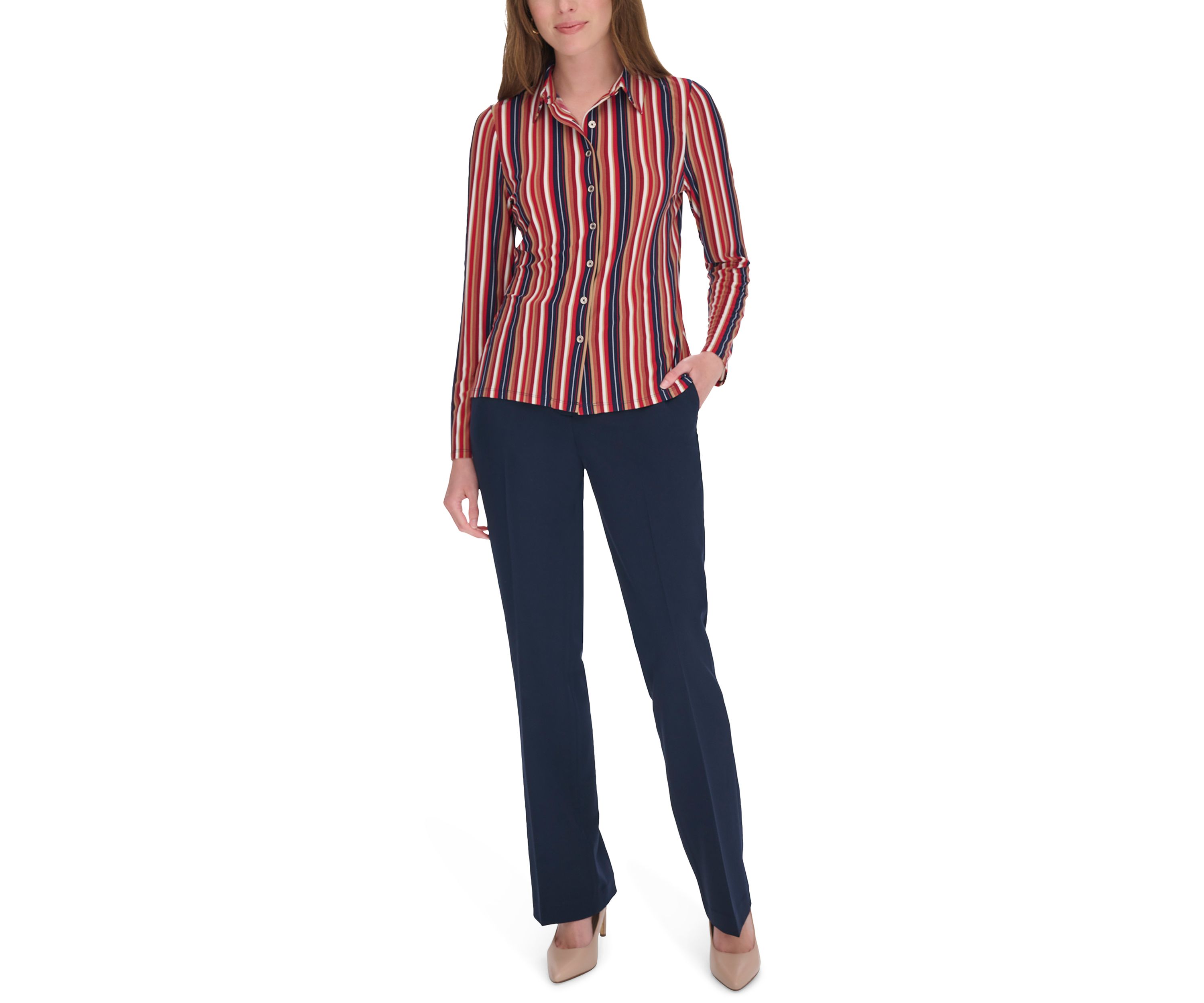 Womens Long Sleeve Multi Stripe Knit Button Up Shirt