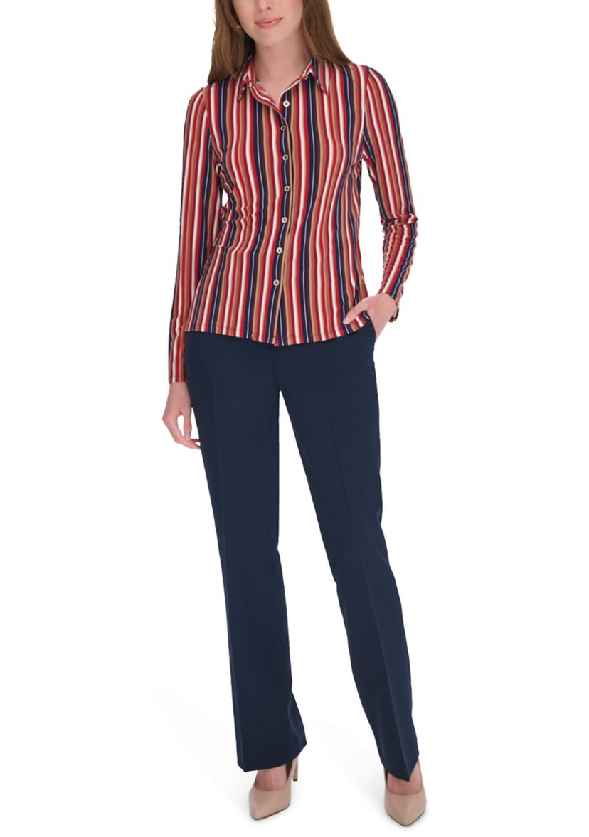 Womens Long Sleeve Multi Stripe Knit Button Up Shirt