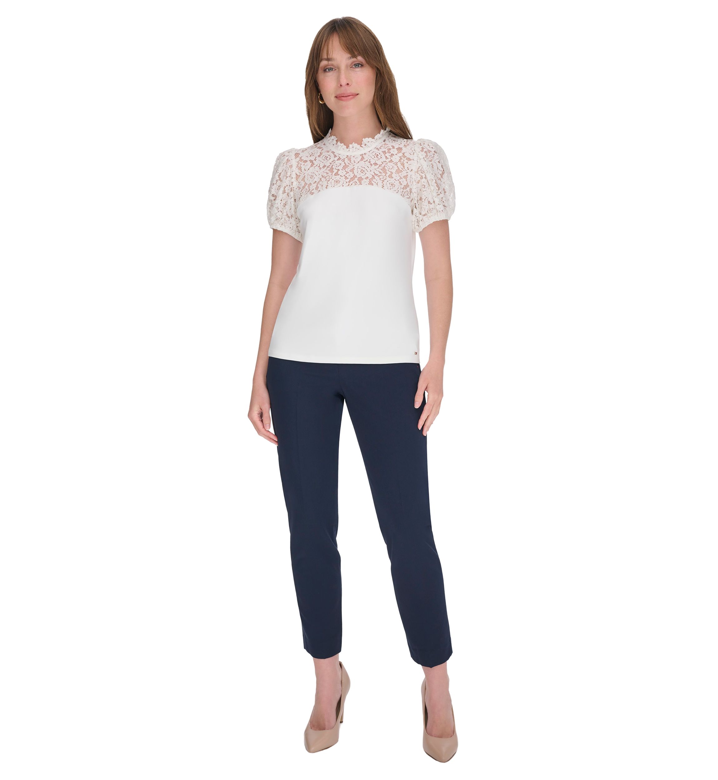 Womens Mixed Media Lace Yoke Top