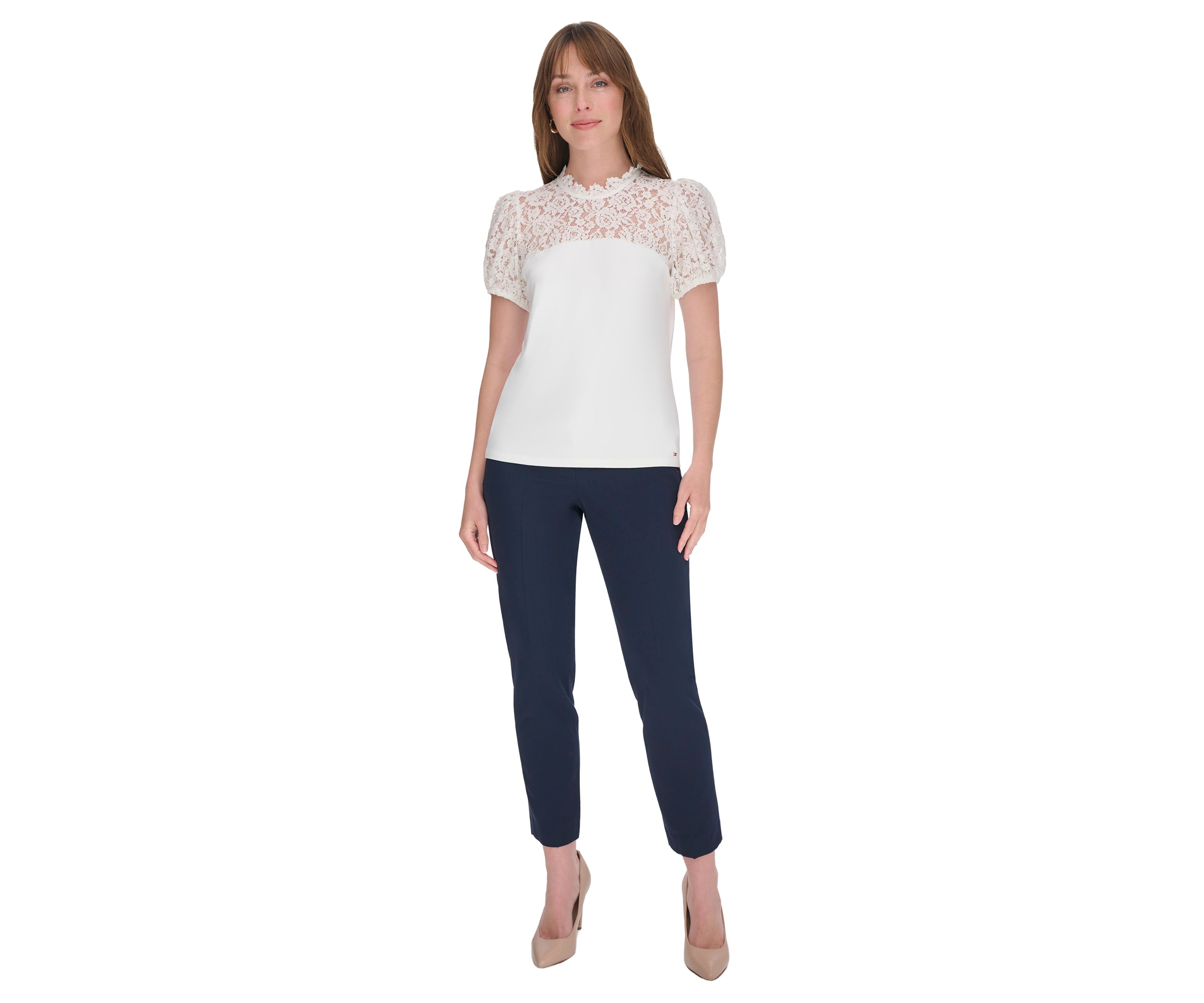 Womens Mixed Media Lace Yoke Top