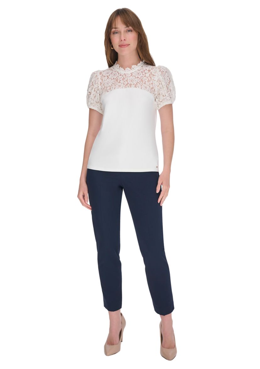 Womens Mixed Media Lace Yoke Top