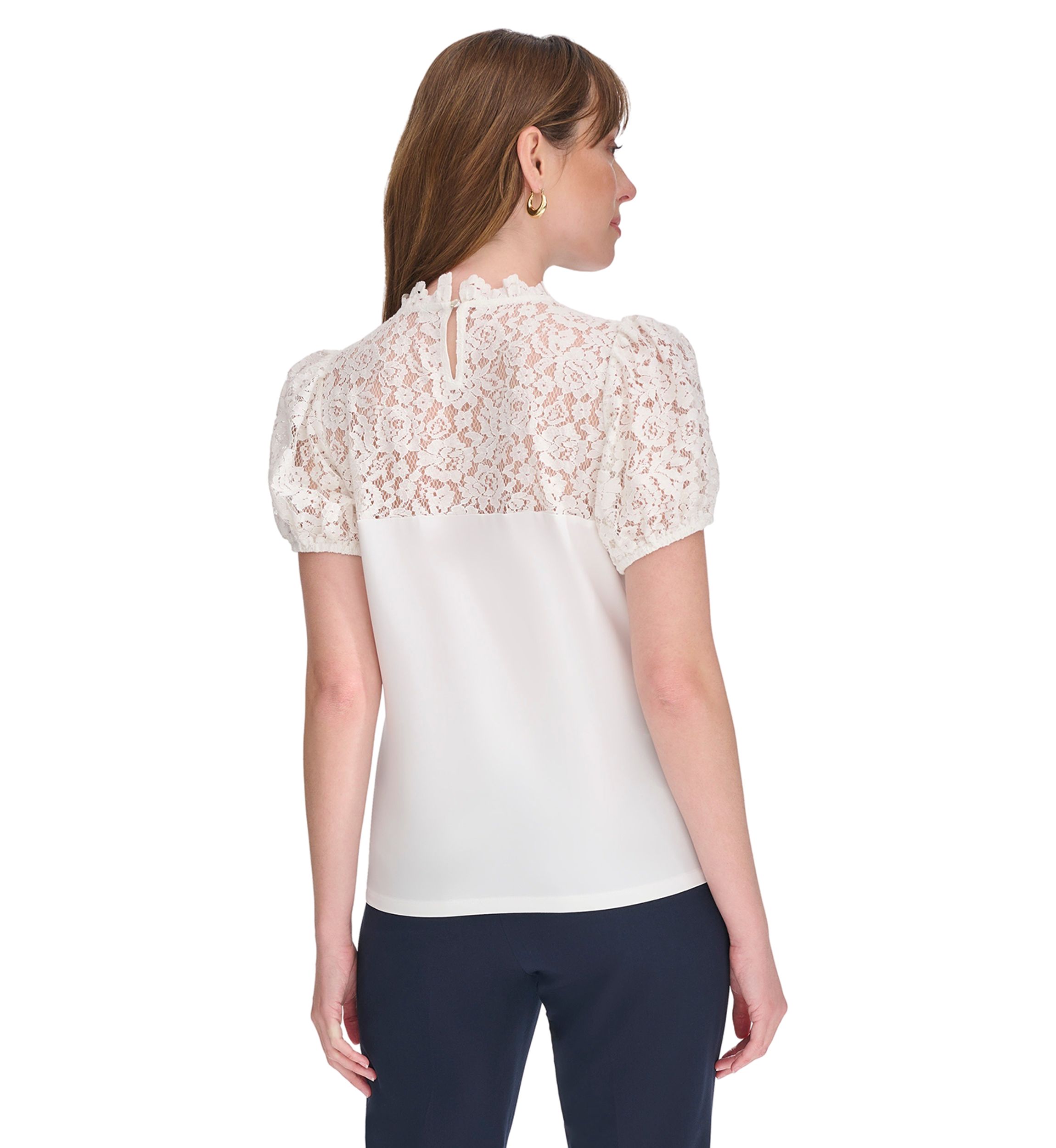 Womens Mixed Media Lace Yoke Top