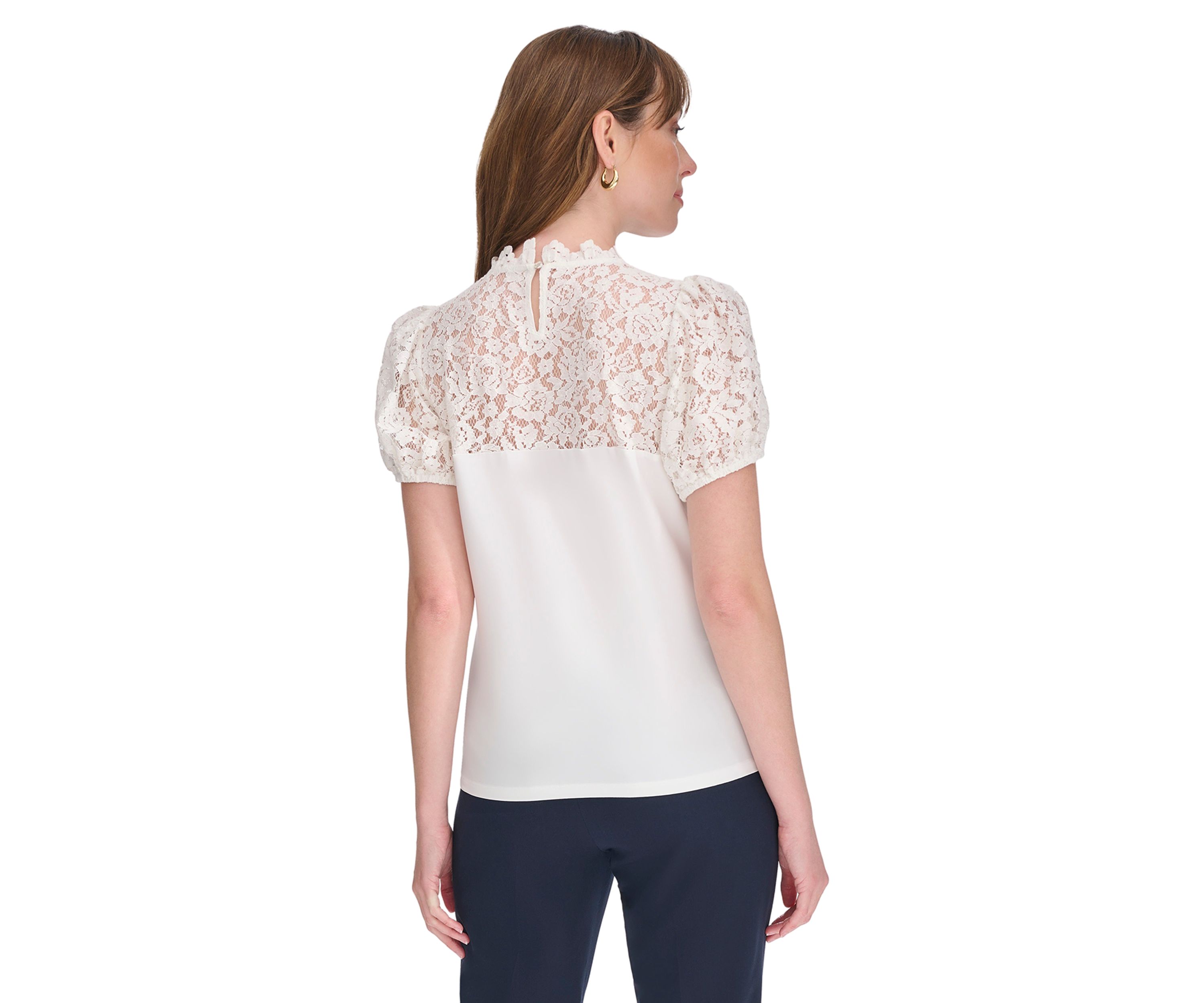 Womens Mixed Media Lace Yoke Top