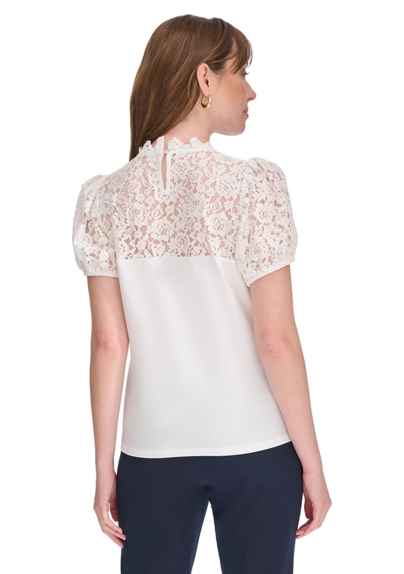 Womens Mixed Media Lace Yoke Top