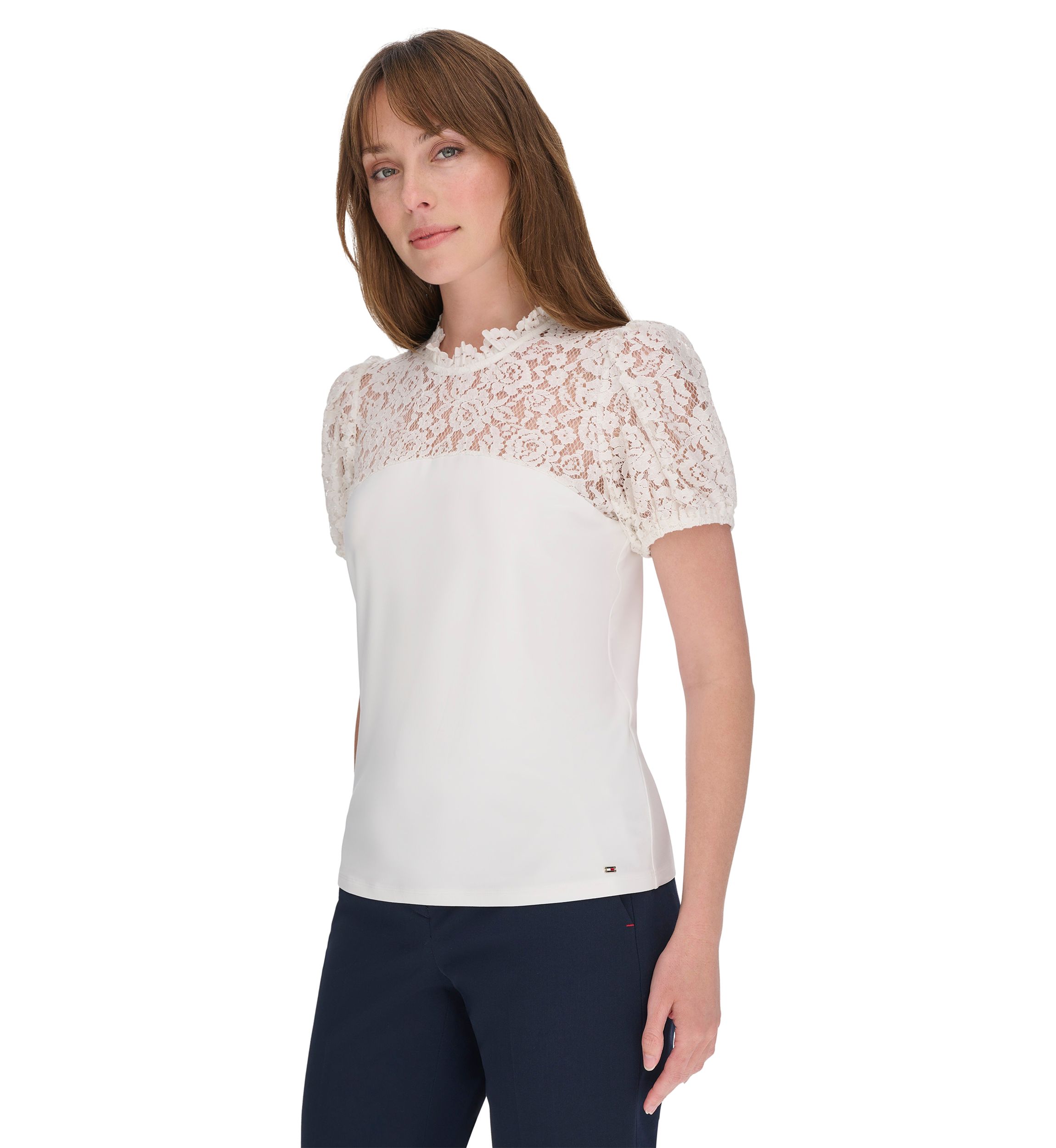 Womens Mixed Media Lace Yoke Top
