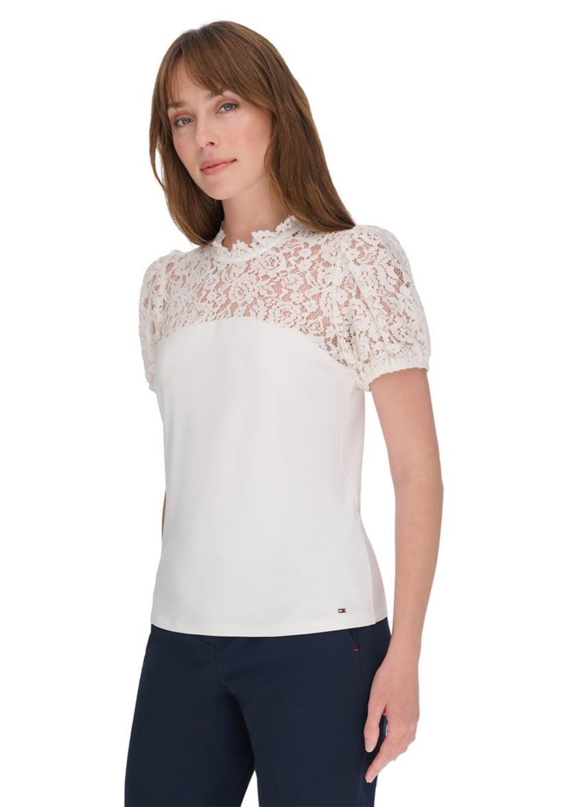 Womens Mixed Media Lace Yoke Top