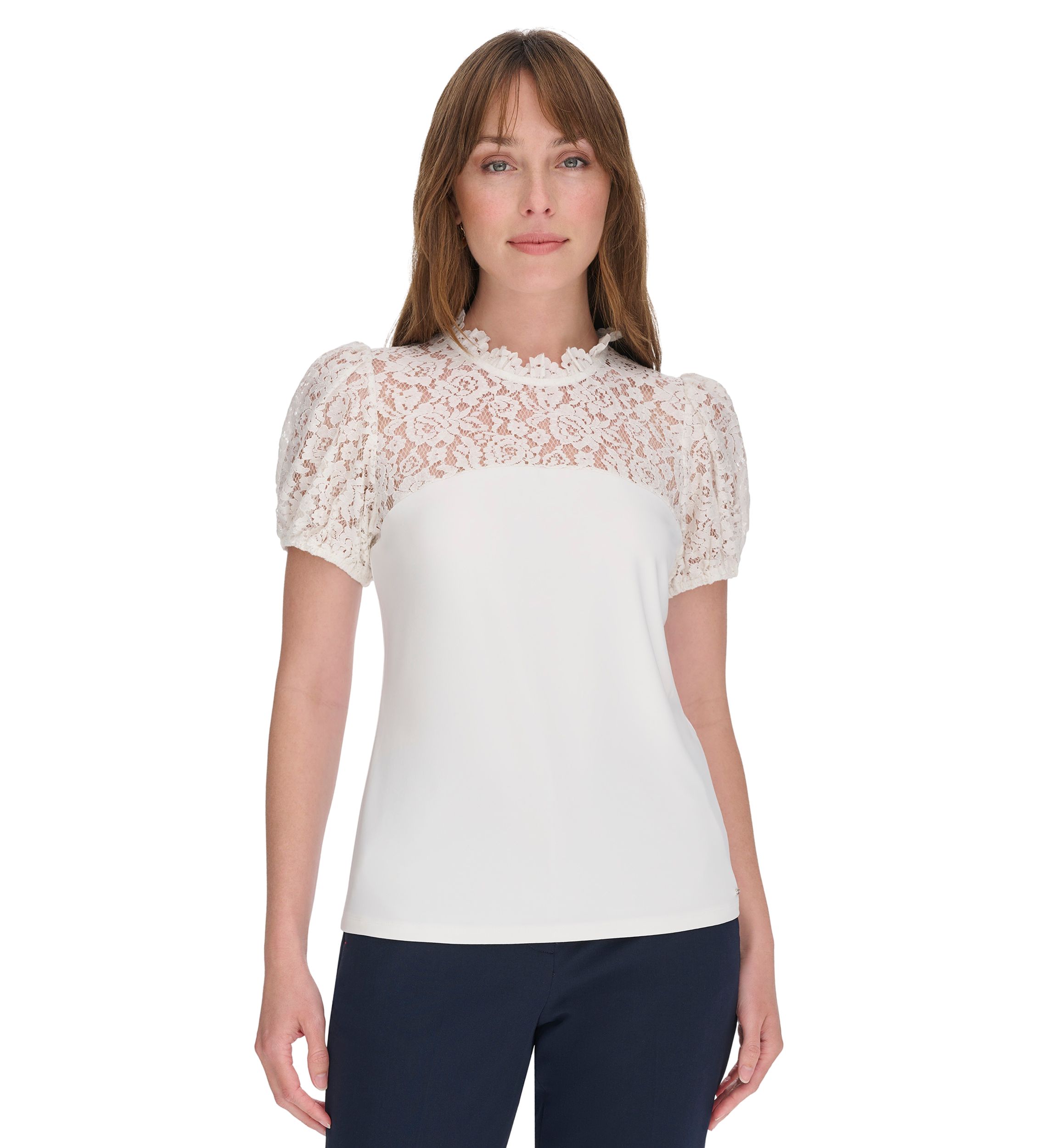 Womens Mixed Media Lace Yoke Top