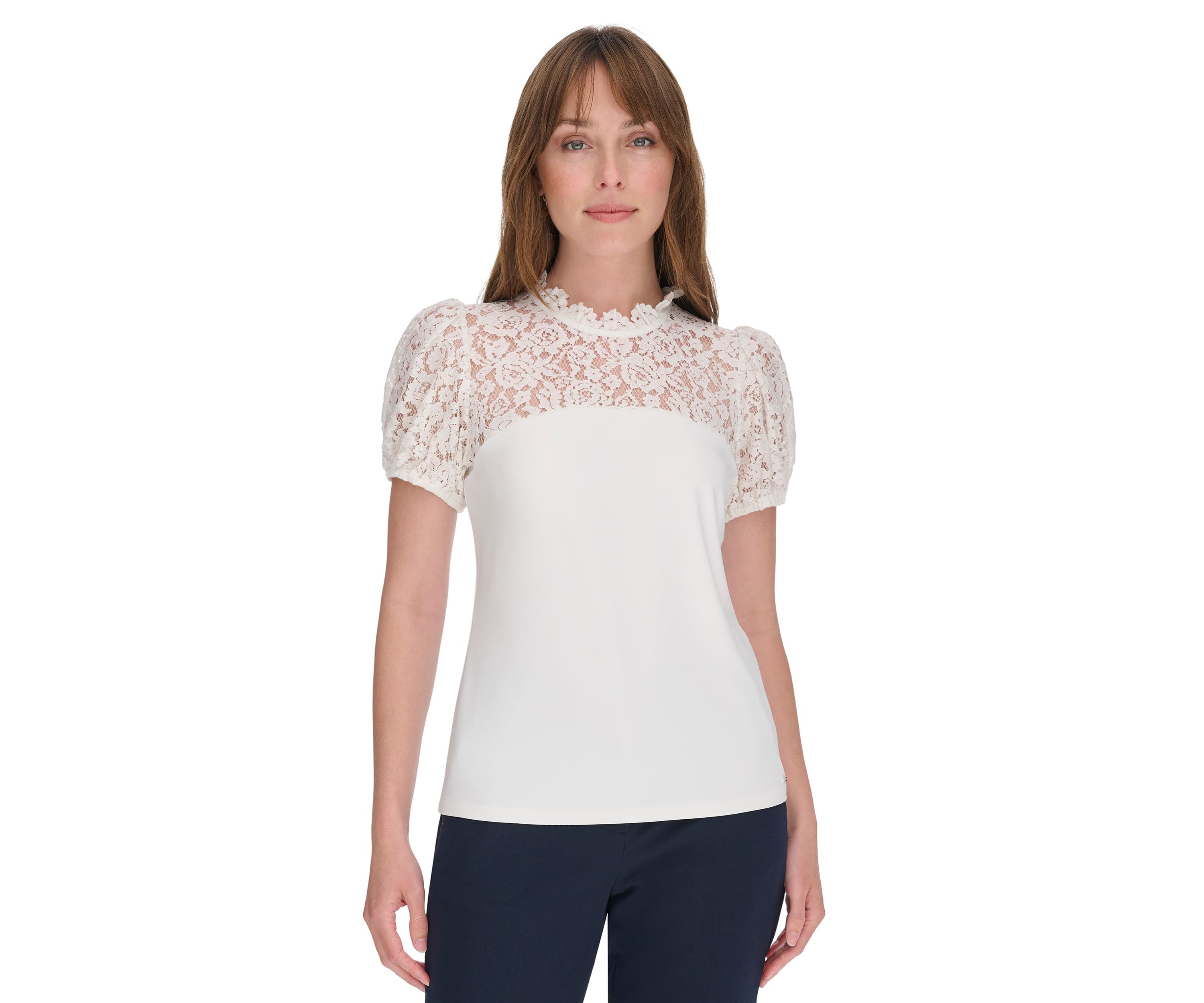 Womens Mixed Media Lace Yoke Top
