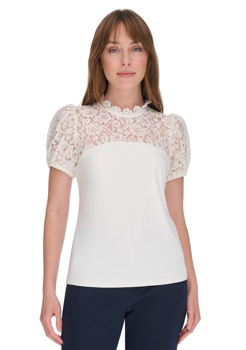 Womens Mixed Media Lace Yoke Top