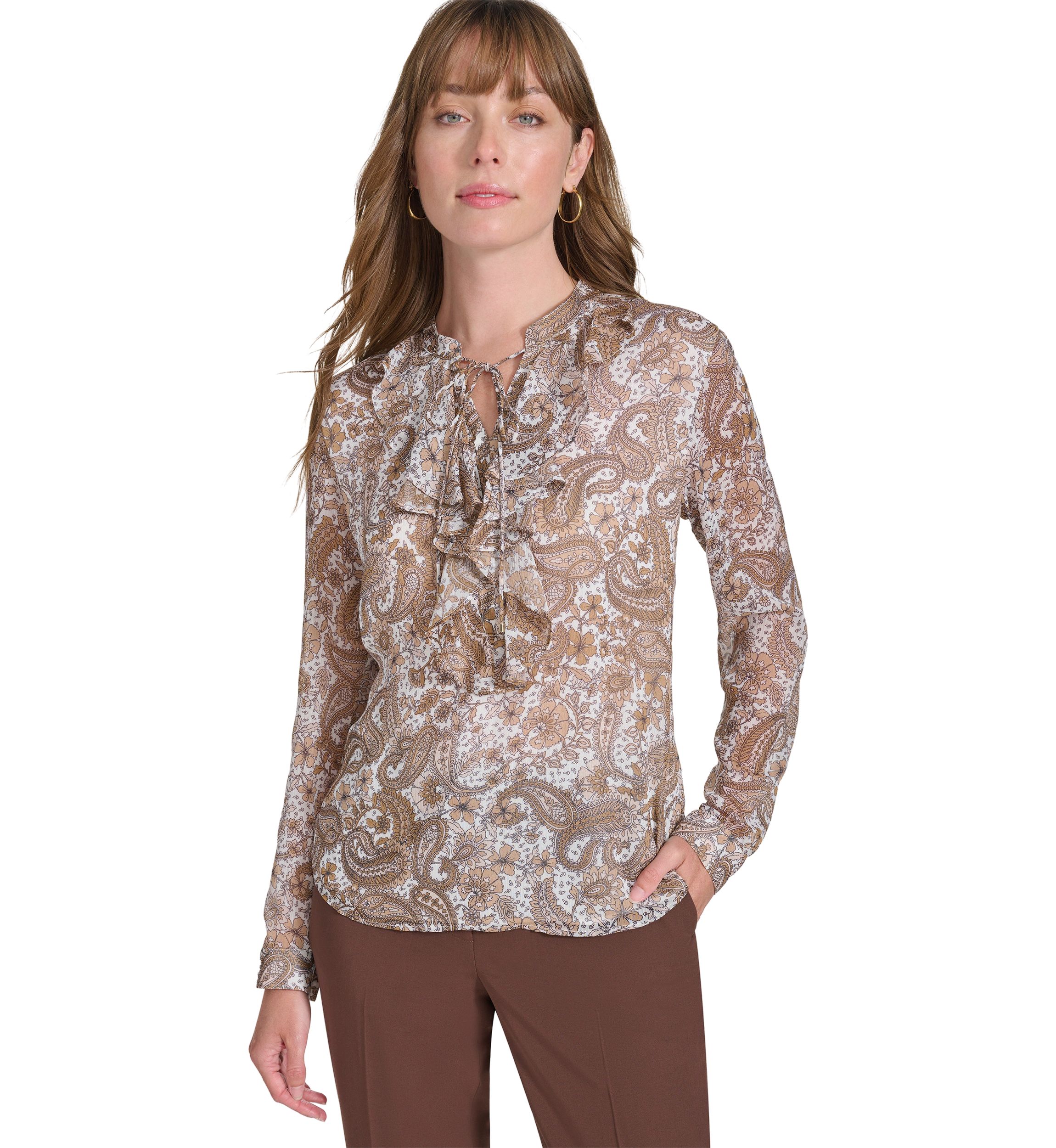 Womens Long Sleeve Paisley Ruffle Blouse