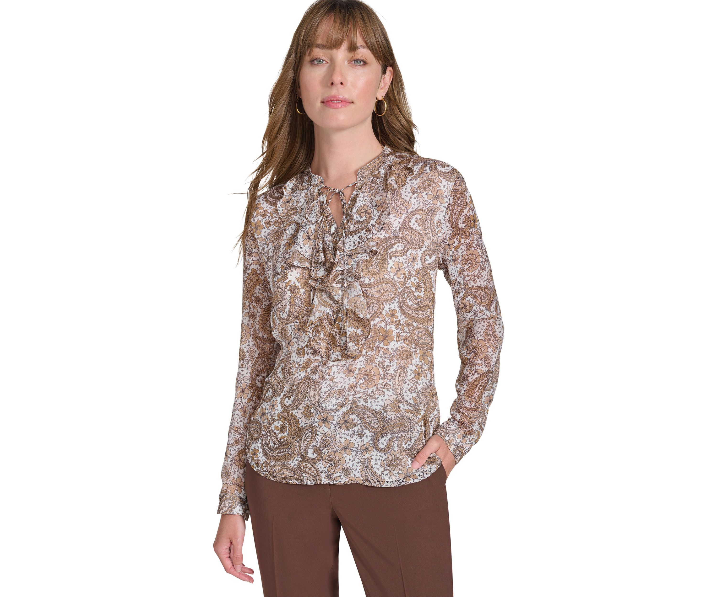 Womens Long Sleeve Paisley Ruffle Blouse