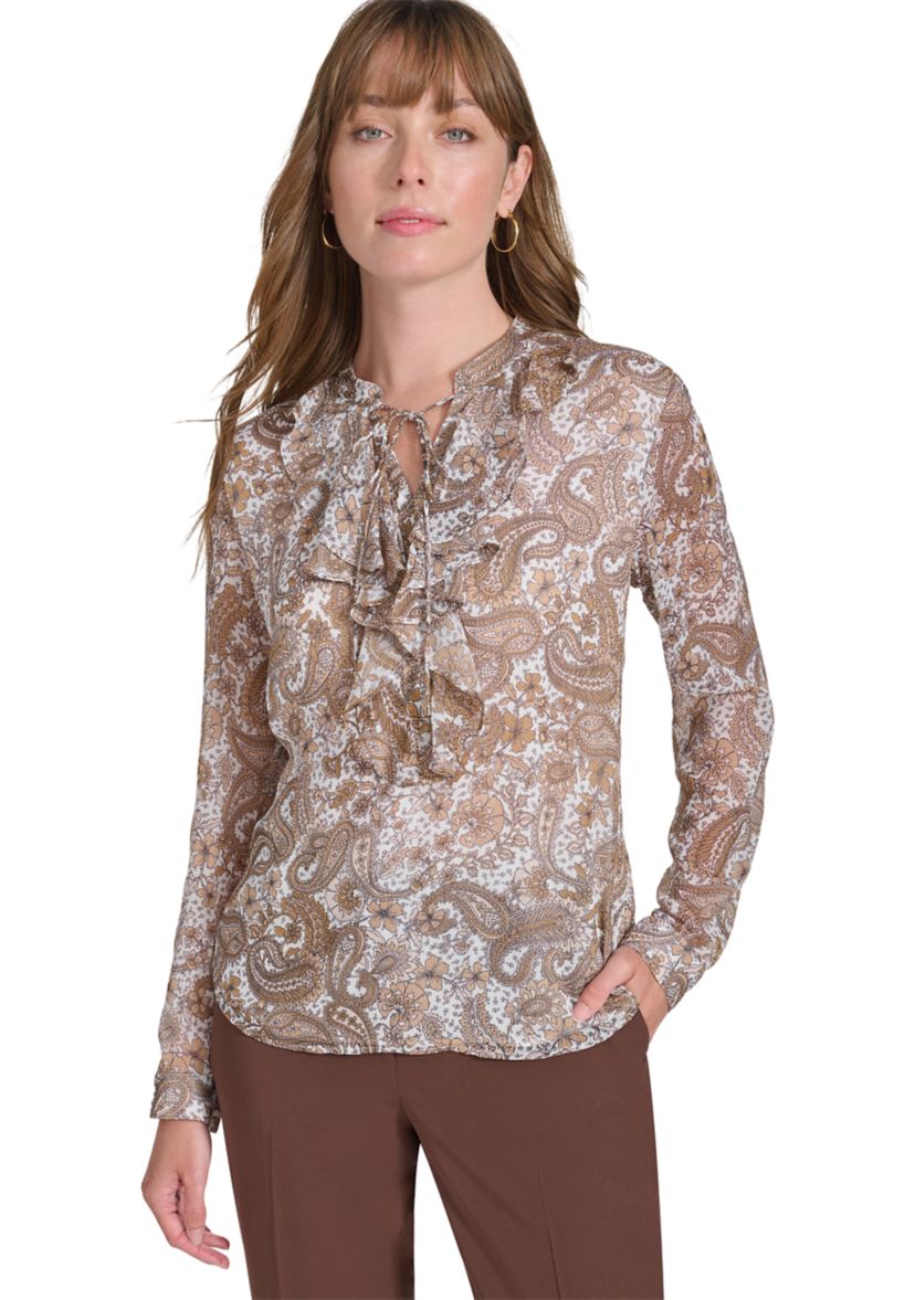 Womens Long Sleeve Paisley Ruffle Blouse